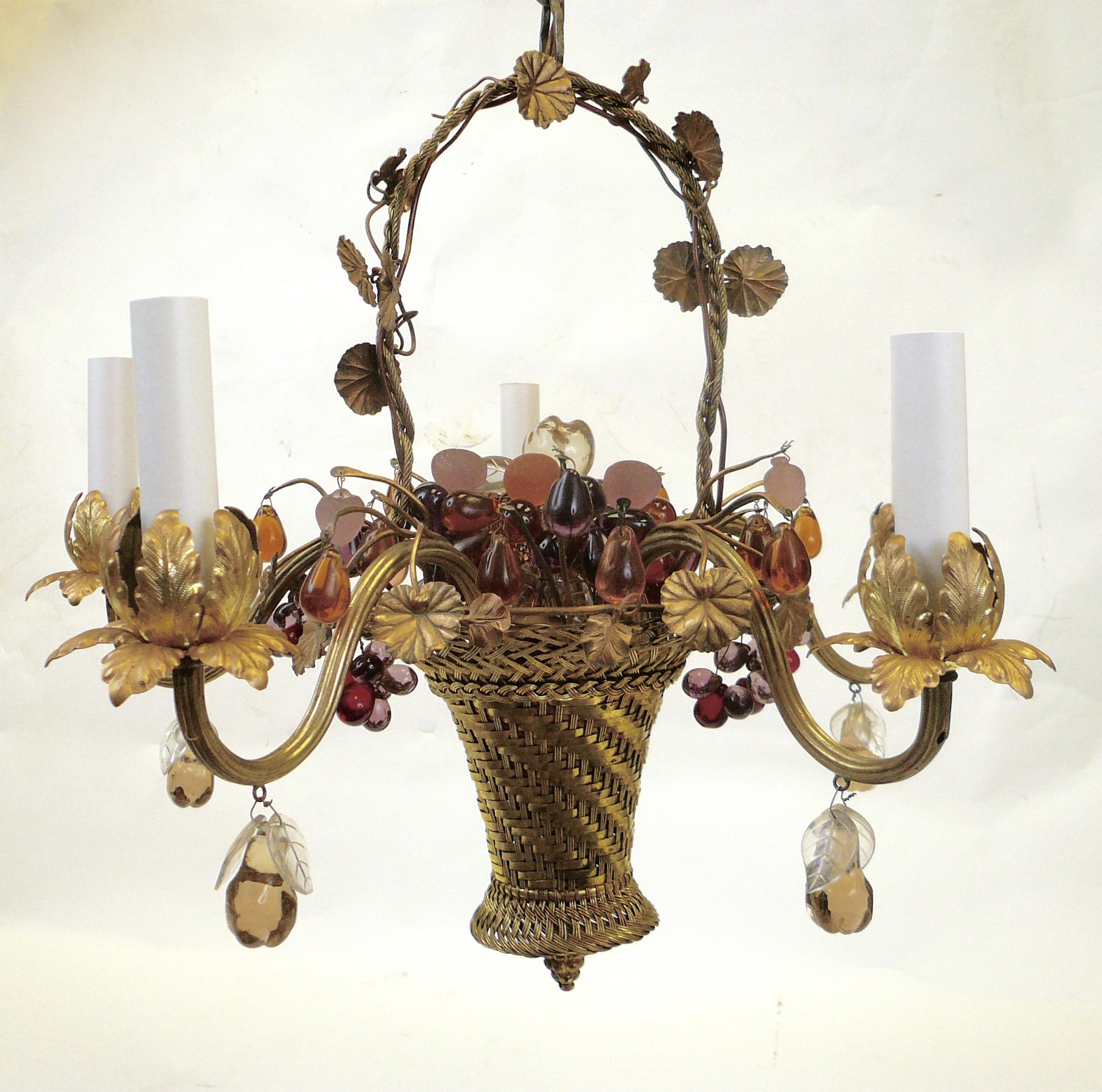 Louis XVI Style Gilt Brass Basket Form Chandelier with Crystal Fruit 6