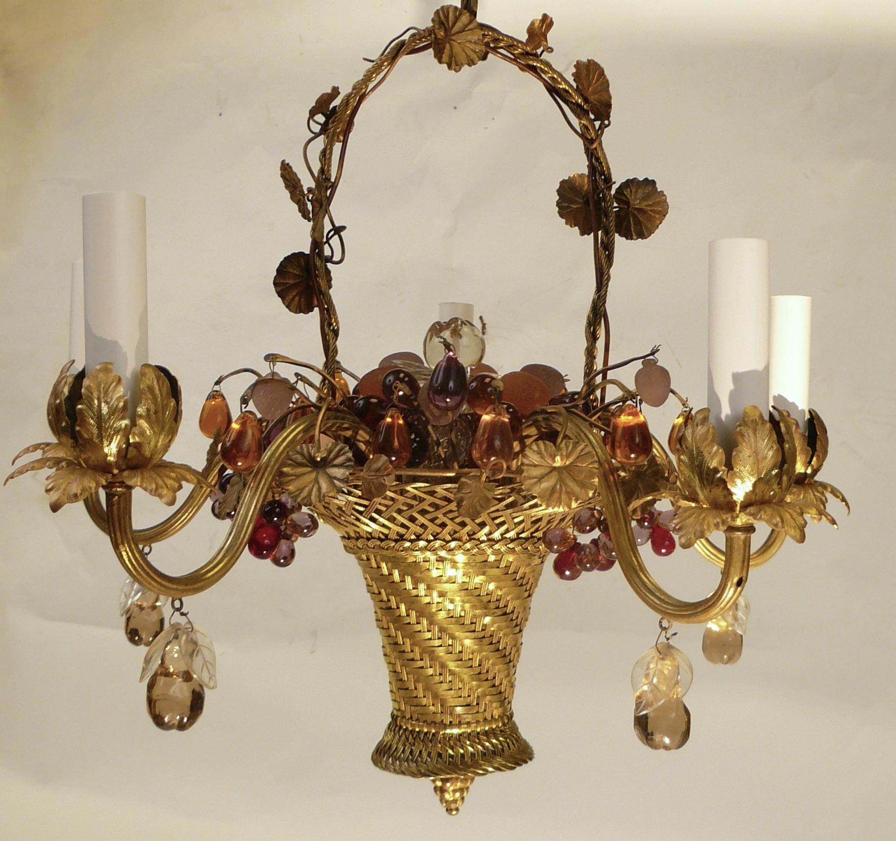 French Louis XVI Style Gilt Brass Basket Form Chandelier with Crystal Fruit