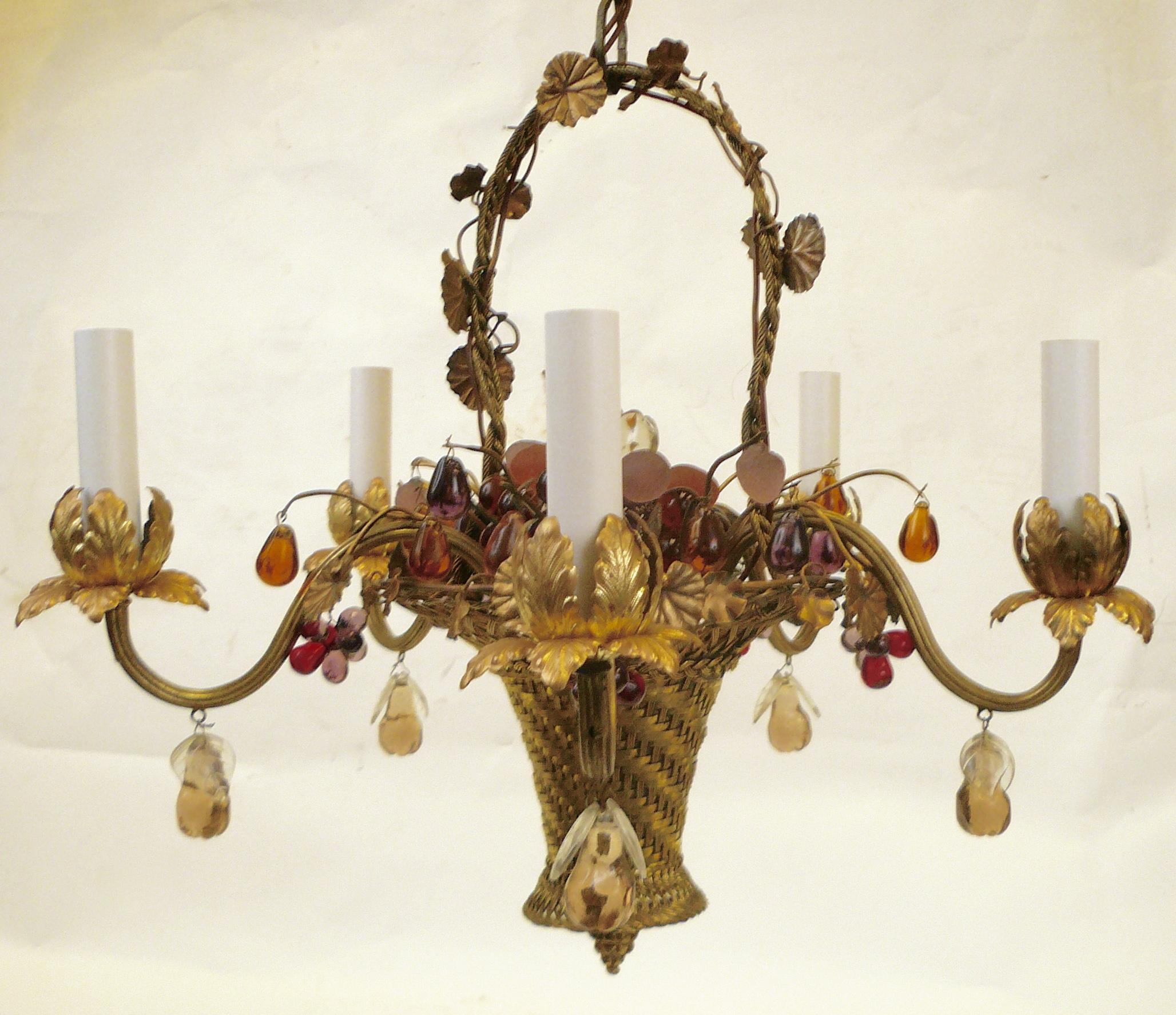 Louis XVI Style Gilt Brass Basket Form Chandelier with Crystal Fruit 3