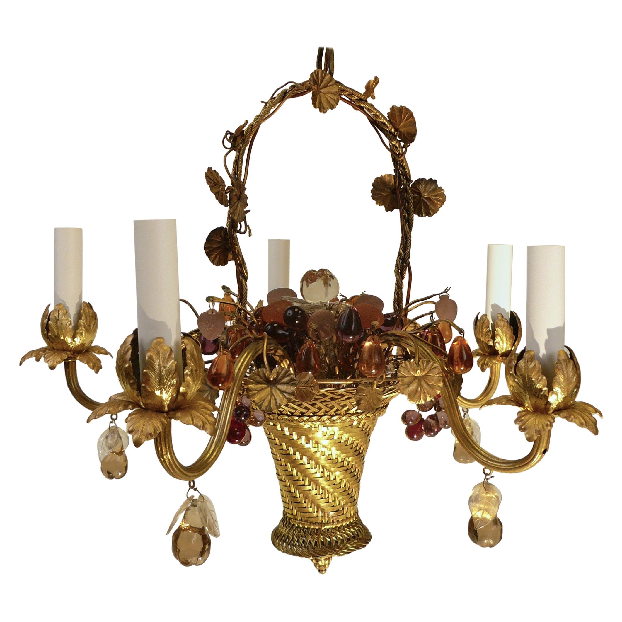 Louis XVI Style Gilt Brass Basket Form Chandelier with Crystal Fruit