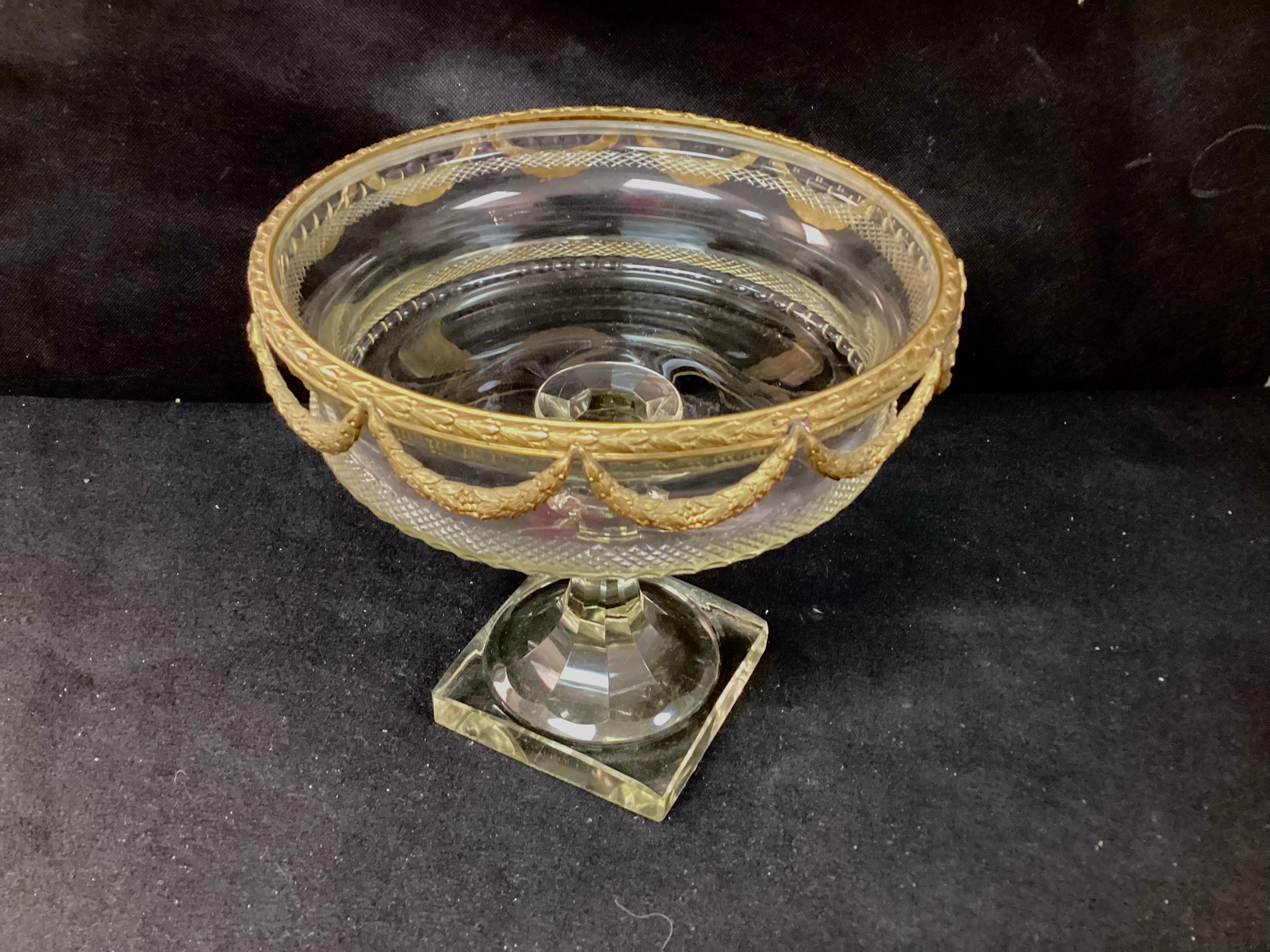 French Louis XVI Style Gilt Bronze And Cut Crystal Ormolu Pedestal Bowl For Sale
