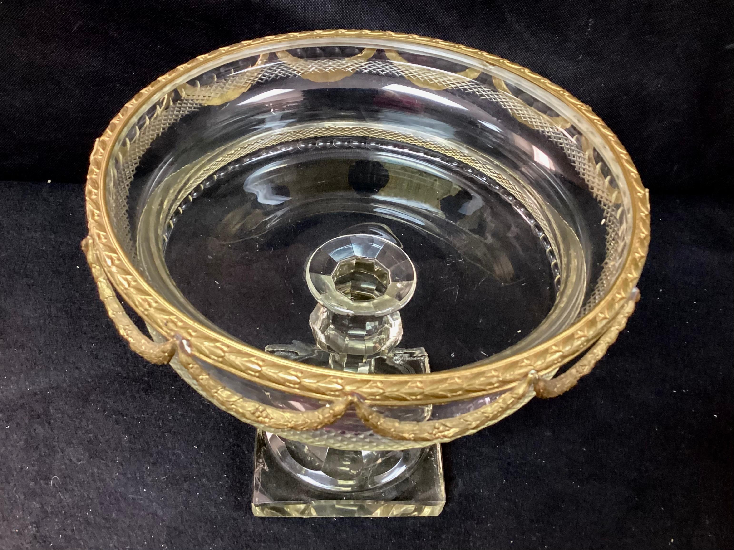 Louis XVI Style Gilt Bronze And Cut Crystal Ormolu Pedestal Bowl In Good Condition For Sale In Bradenton, FL