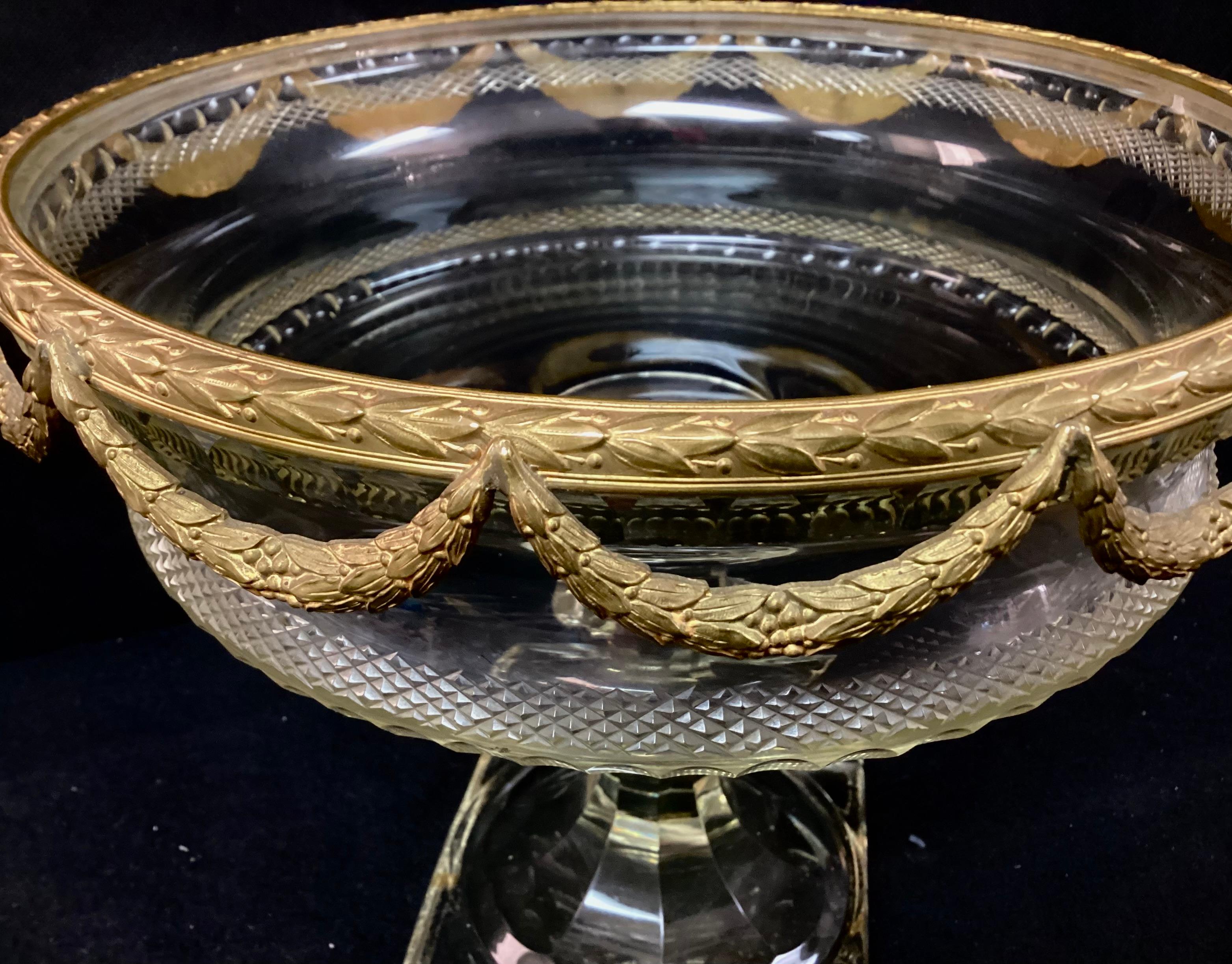 19th Century Louis XVI Style Gilt Bronze And Cut Crystal Ormolu Pedestal Bowl For Sale