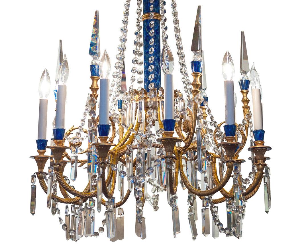 Louis XVI Style Gilt Bronze and Faux Lapis Twelve-Light Chandelier In Good Condition For Sale In New York, NY