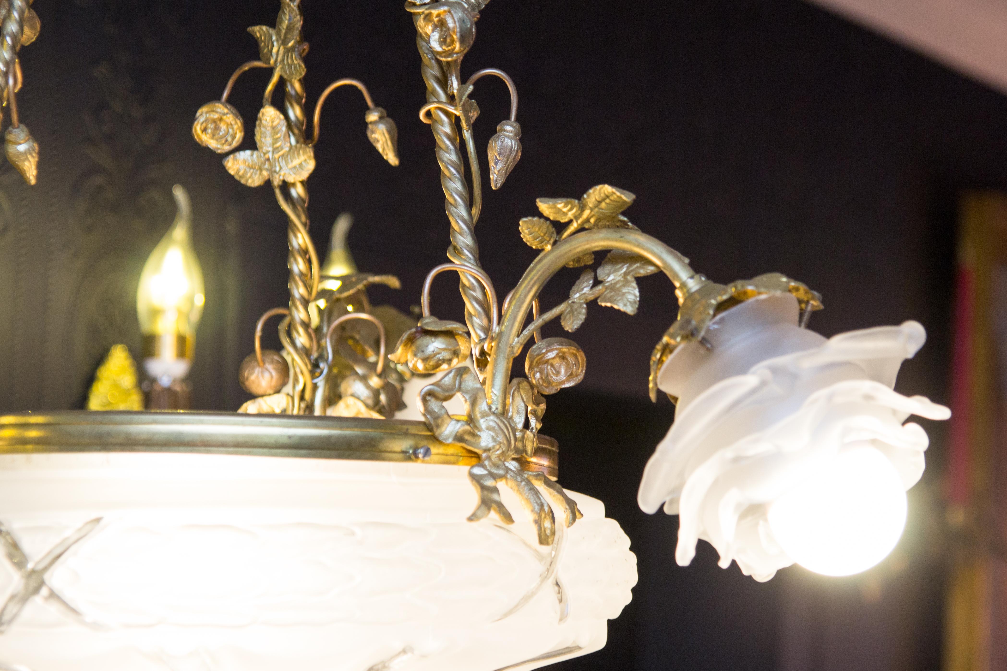 French Louis XVI Style Gilt Bronze and Frosted Glass Chandelier