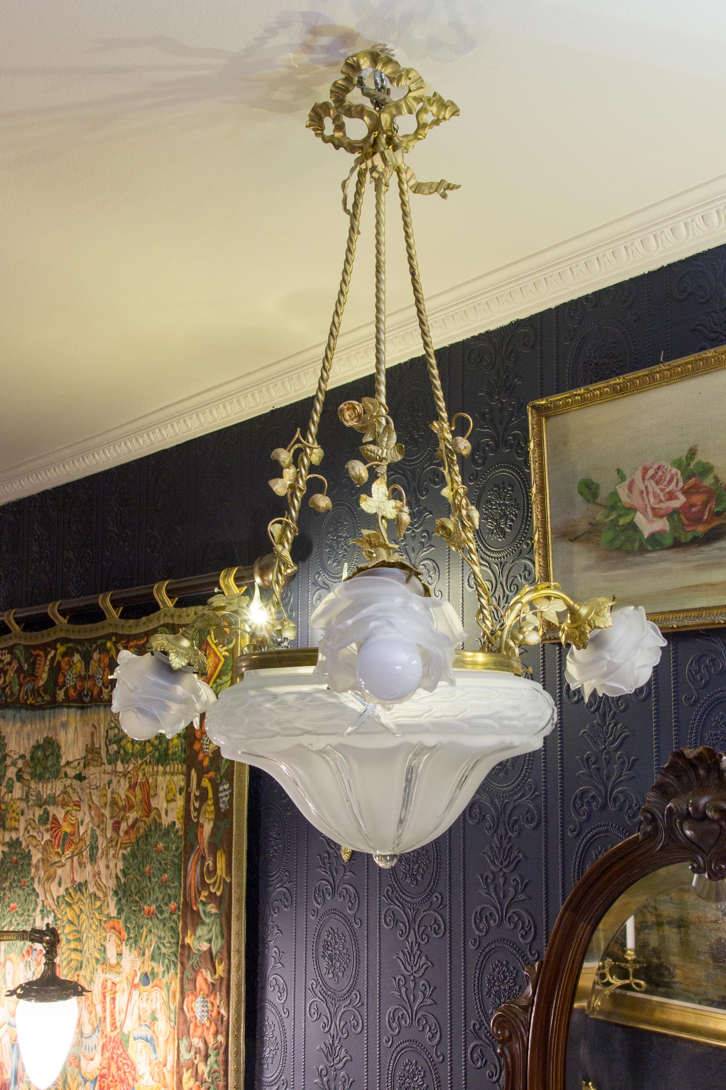 Louis XVI Style Gilt Bronze and Frosted Glass Chandelier 2