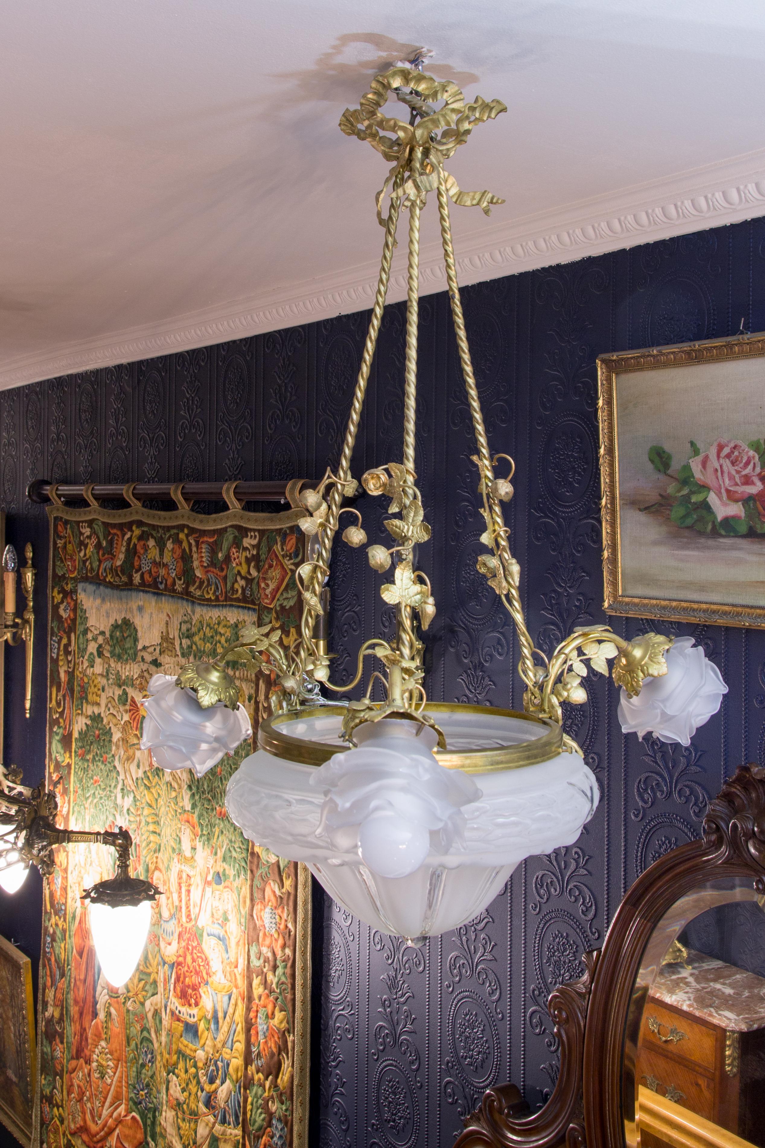Louis XVI Style Gilt Bronze and Frosted Glass Chandelier 3