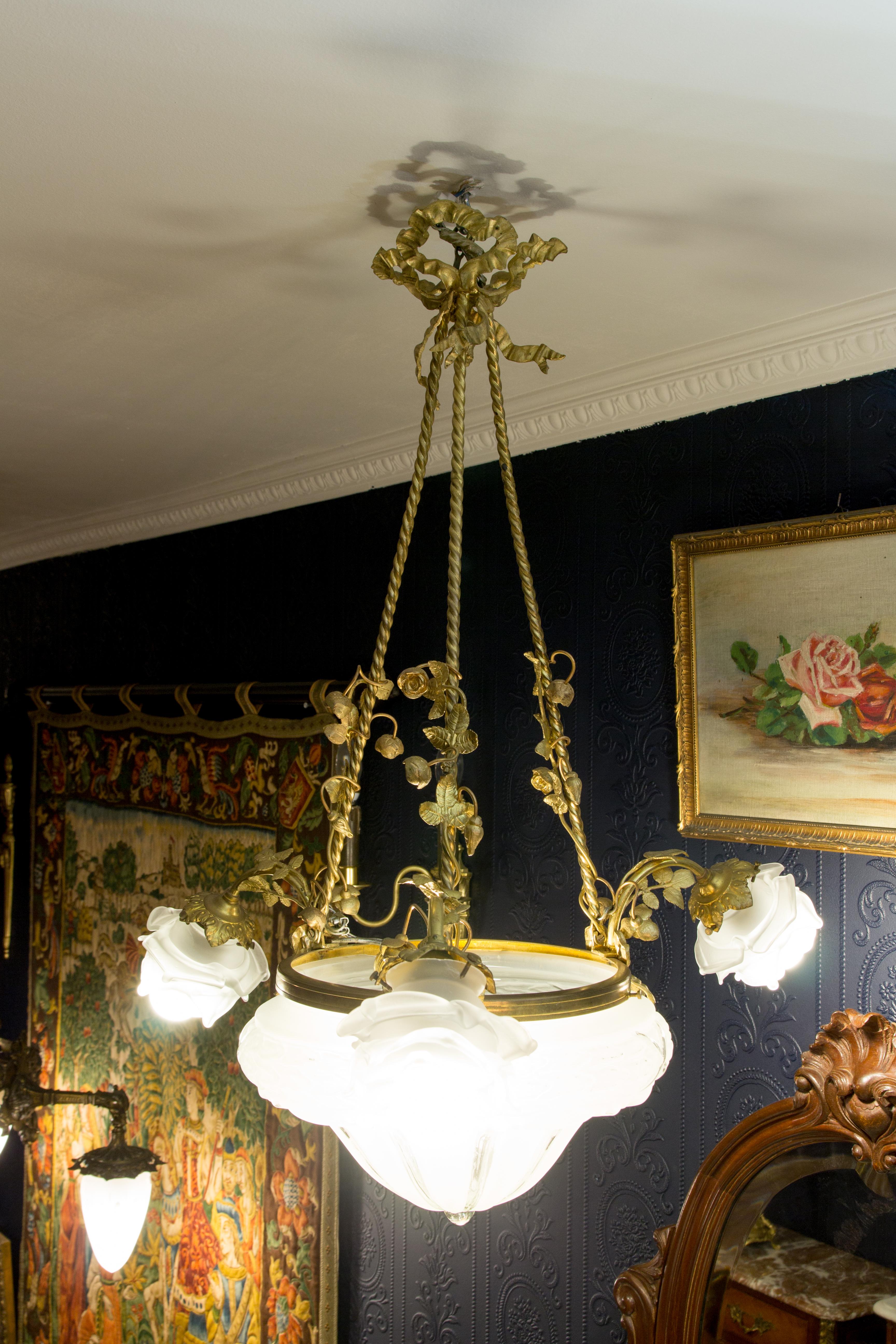 Louis XVI Style Gilt Bronze and Frosted Glass Chandelier 4
