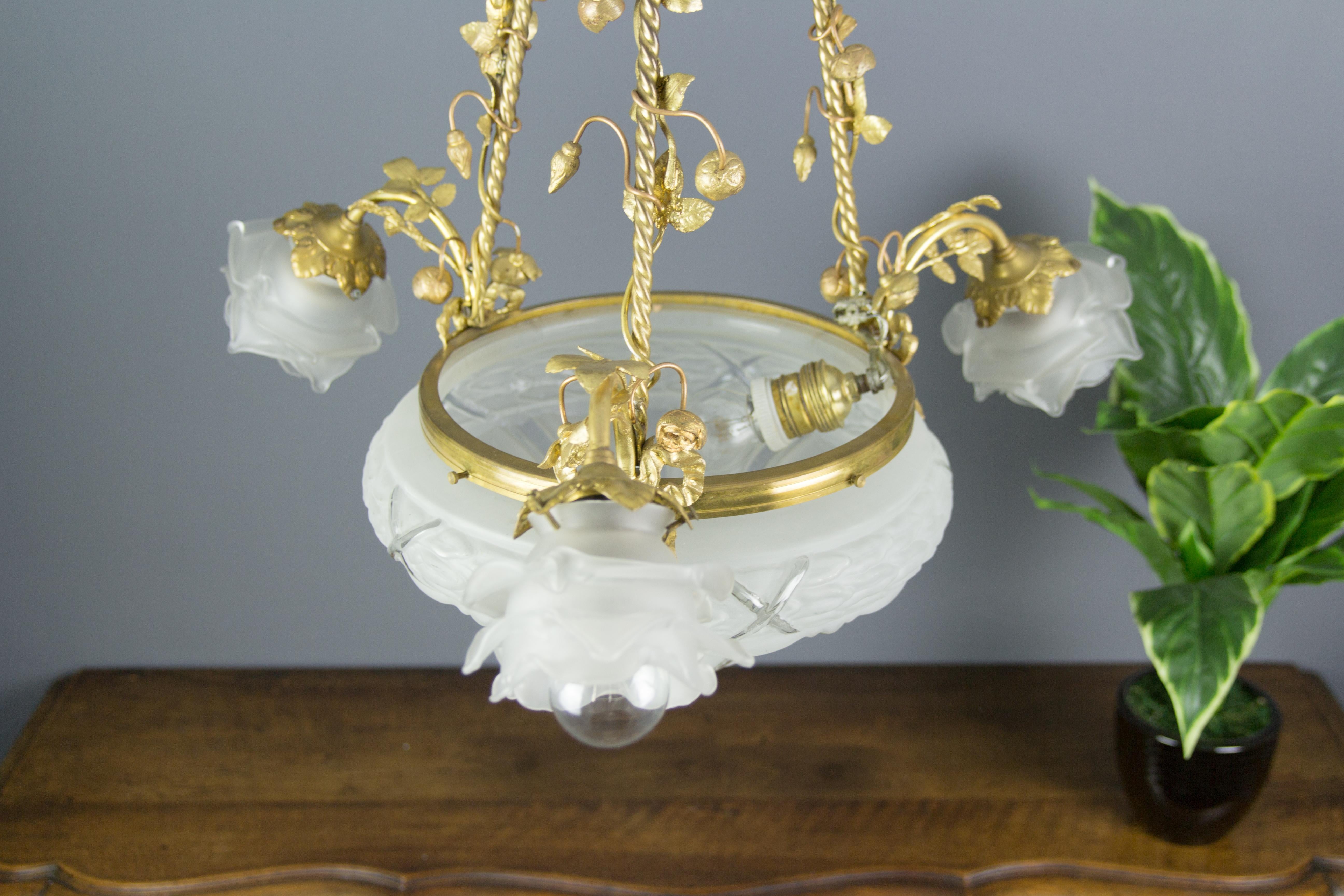 Louis XVI Style Gilt Bronze and Frosted Glass Chandelier with Bronze Flowers 9