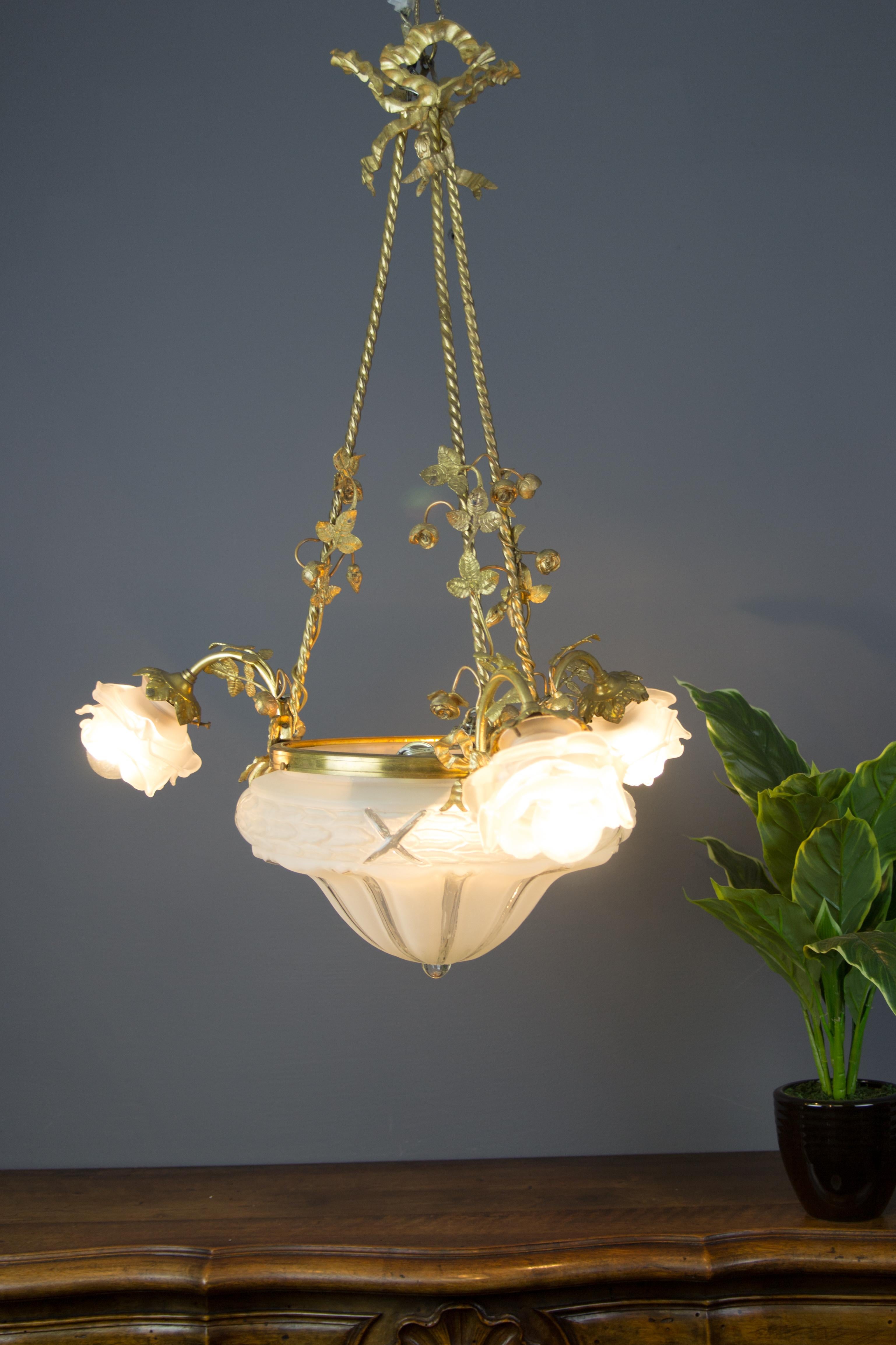 Louis XVI Style Gilt Bronze and Frosted Glass Chandelier with Bronze Flowers 10