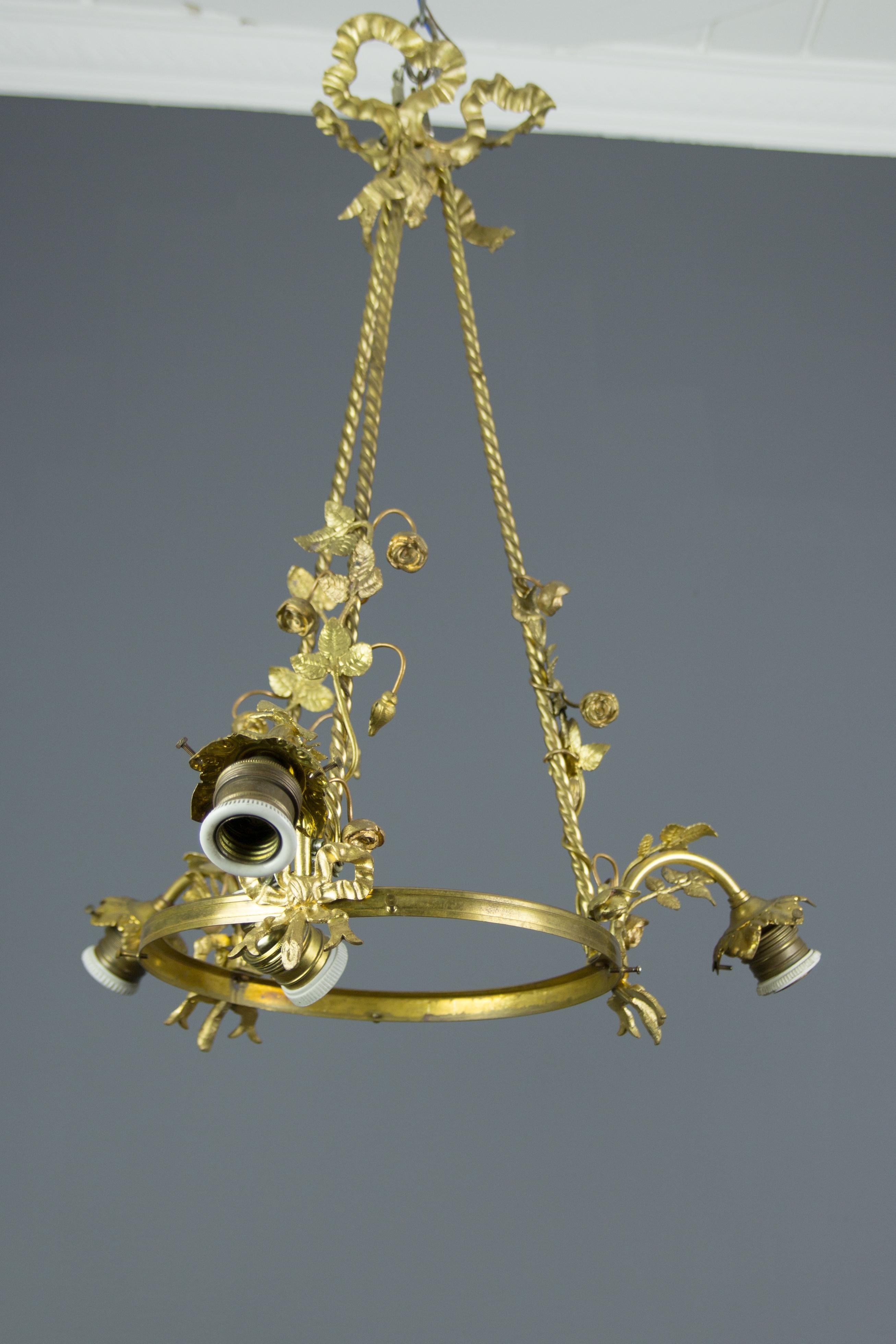 Louis XVI Style Gilt Bronze and Frosted Glass Chandelier with Bronze Flowers 11
