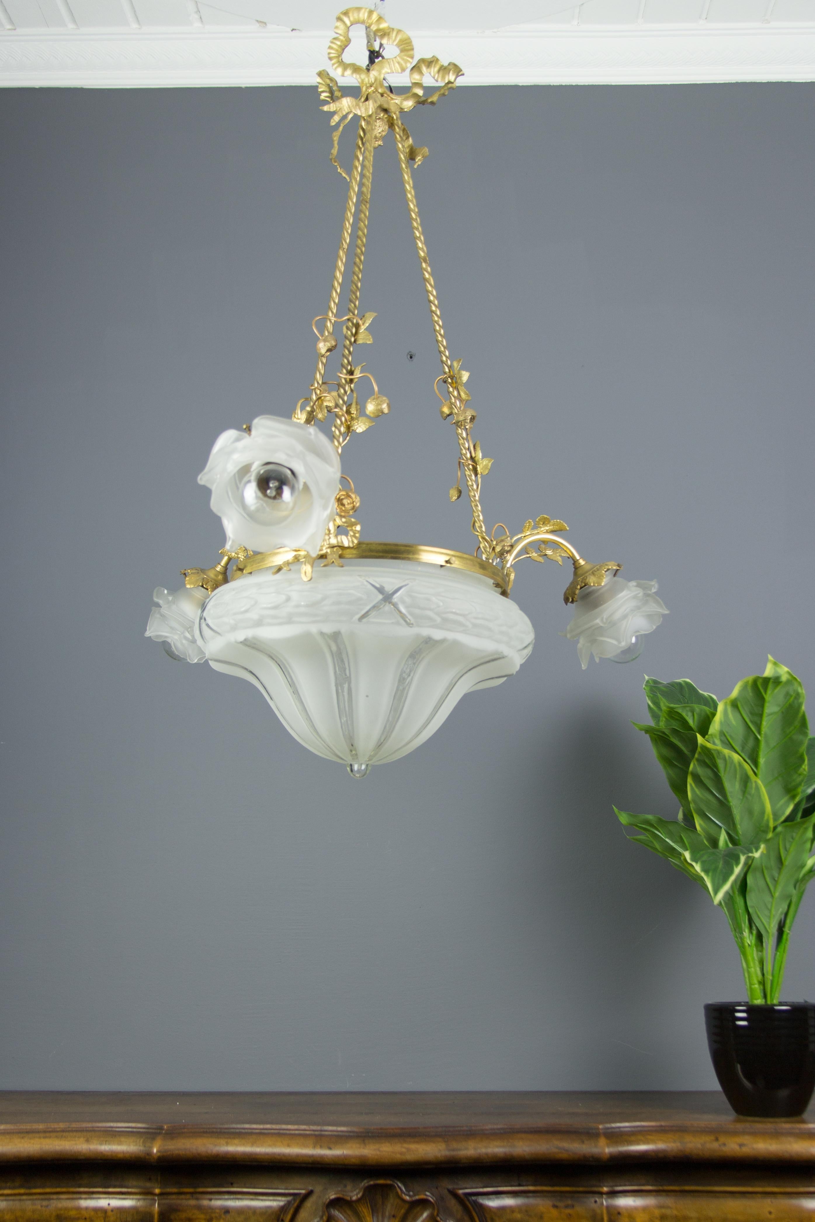 Louis XVI Style Gilt Bronze and Frosted Glass Chandelier with Bronze Flowers 14