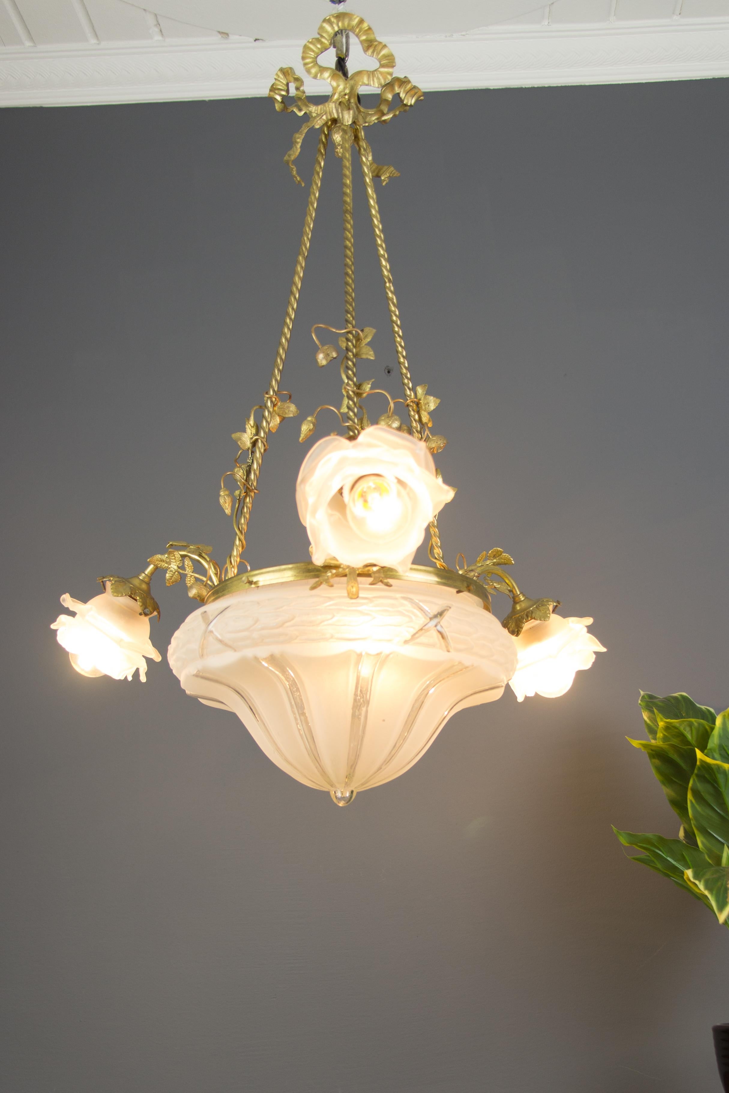 French Louis XVI Style Gilt Bronze and Frosted Glass Chandelier with Bronze Flowers