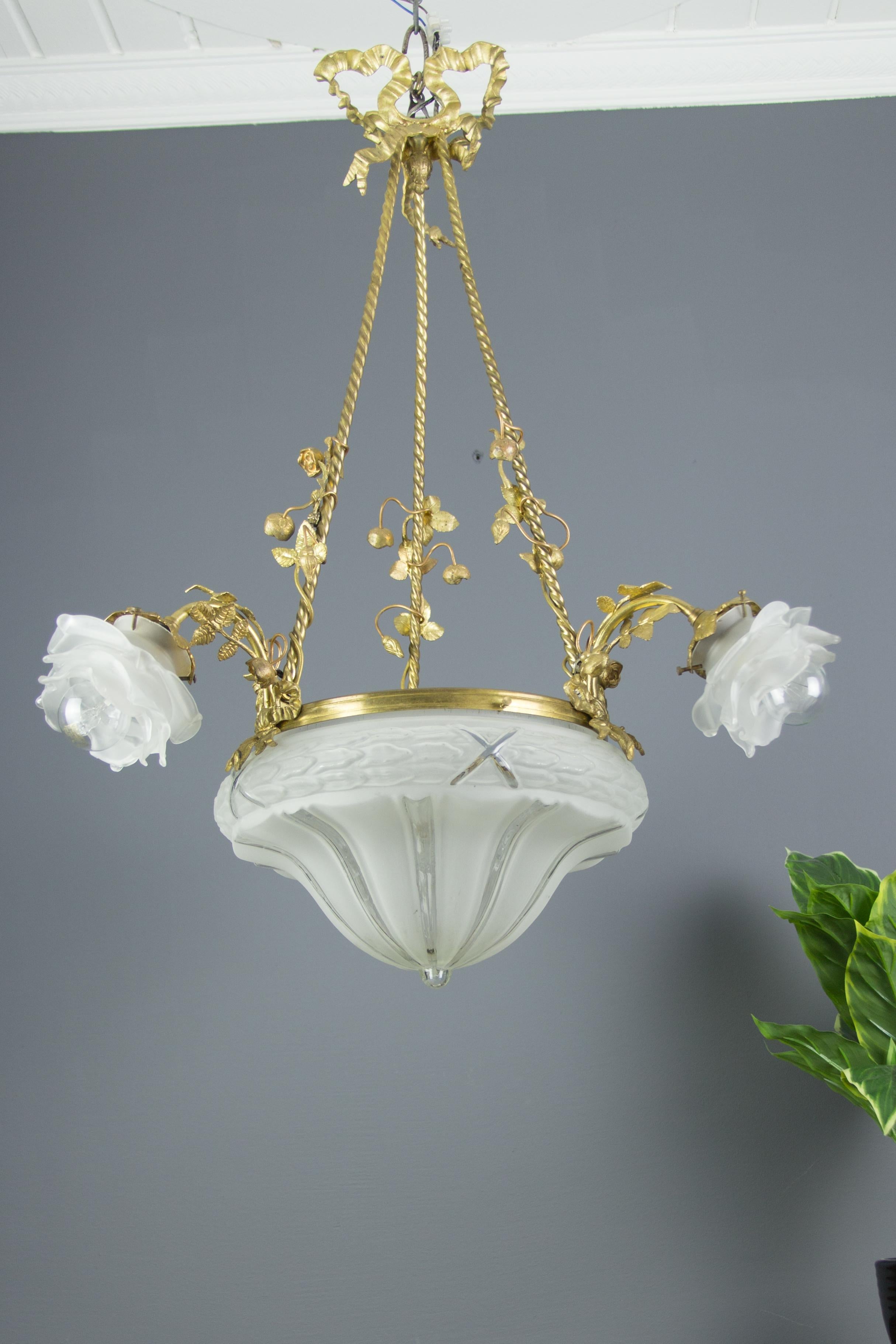 Louis XVI Style Gilt Bronze and Frosted Glass Chandelier with Bronze Flowers In Good Condition In Barntrup, DE