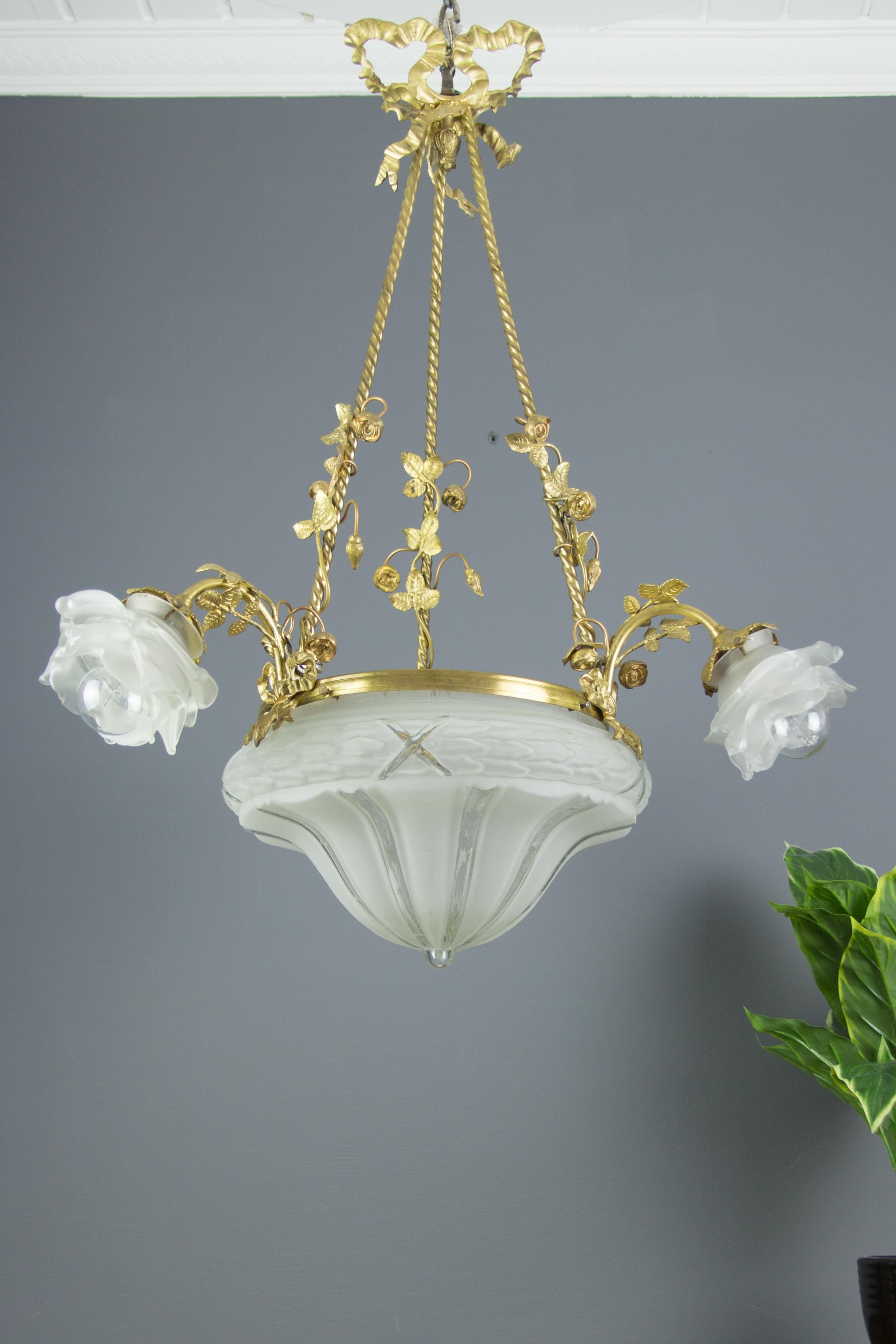 Louis XVI Style Gilt Bronze and Frosted Glass Chandelier with Bronze Flowers 1
