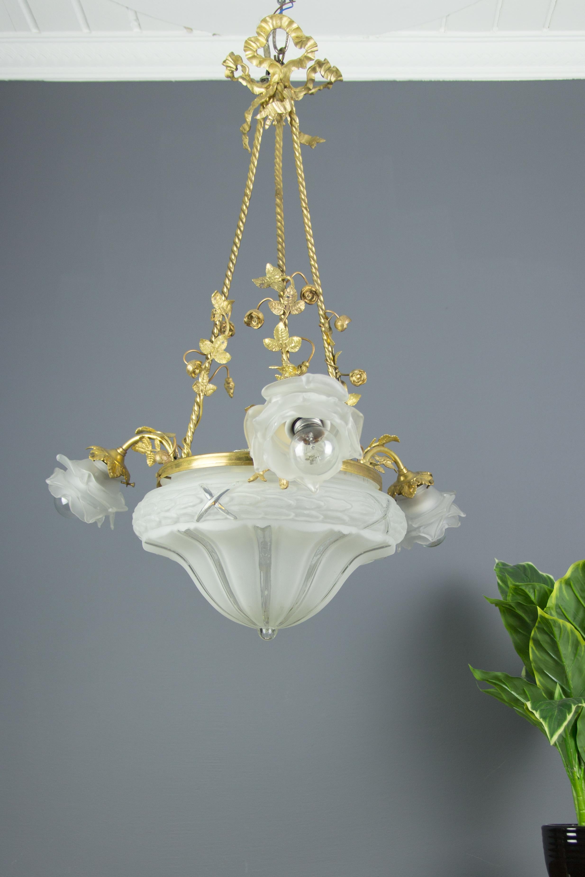 Louis XVI Style Gilt Bronze and Frosted Glass Chandelier with Bronze Flowers 2
