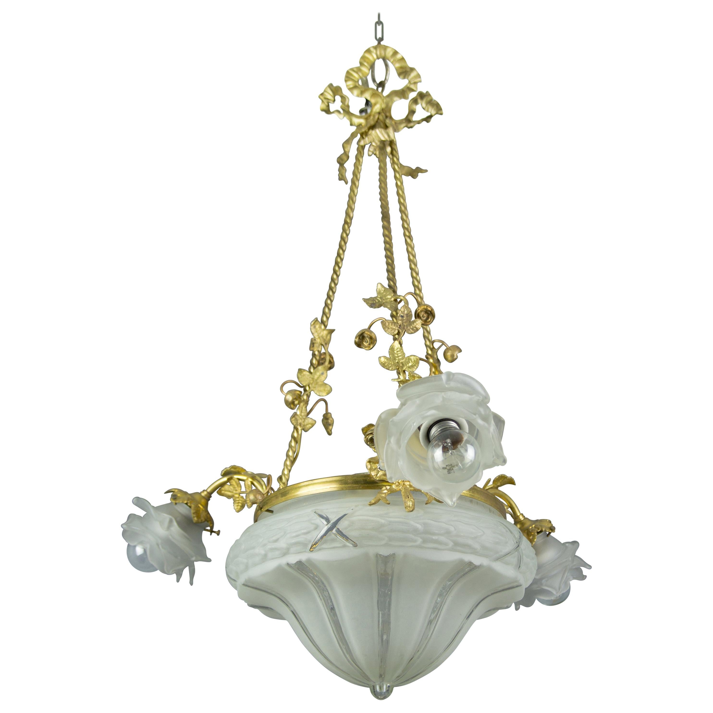 Louis XVI Style Gilt Bronze and Frosted Glass Chandelier with Bronze Flowers