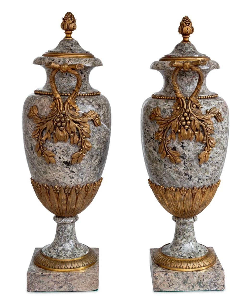 Louis XVI Style Gilt Bronze and Granite Urns, Pair In Good Condition For Sale In Astoria, NY