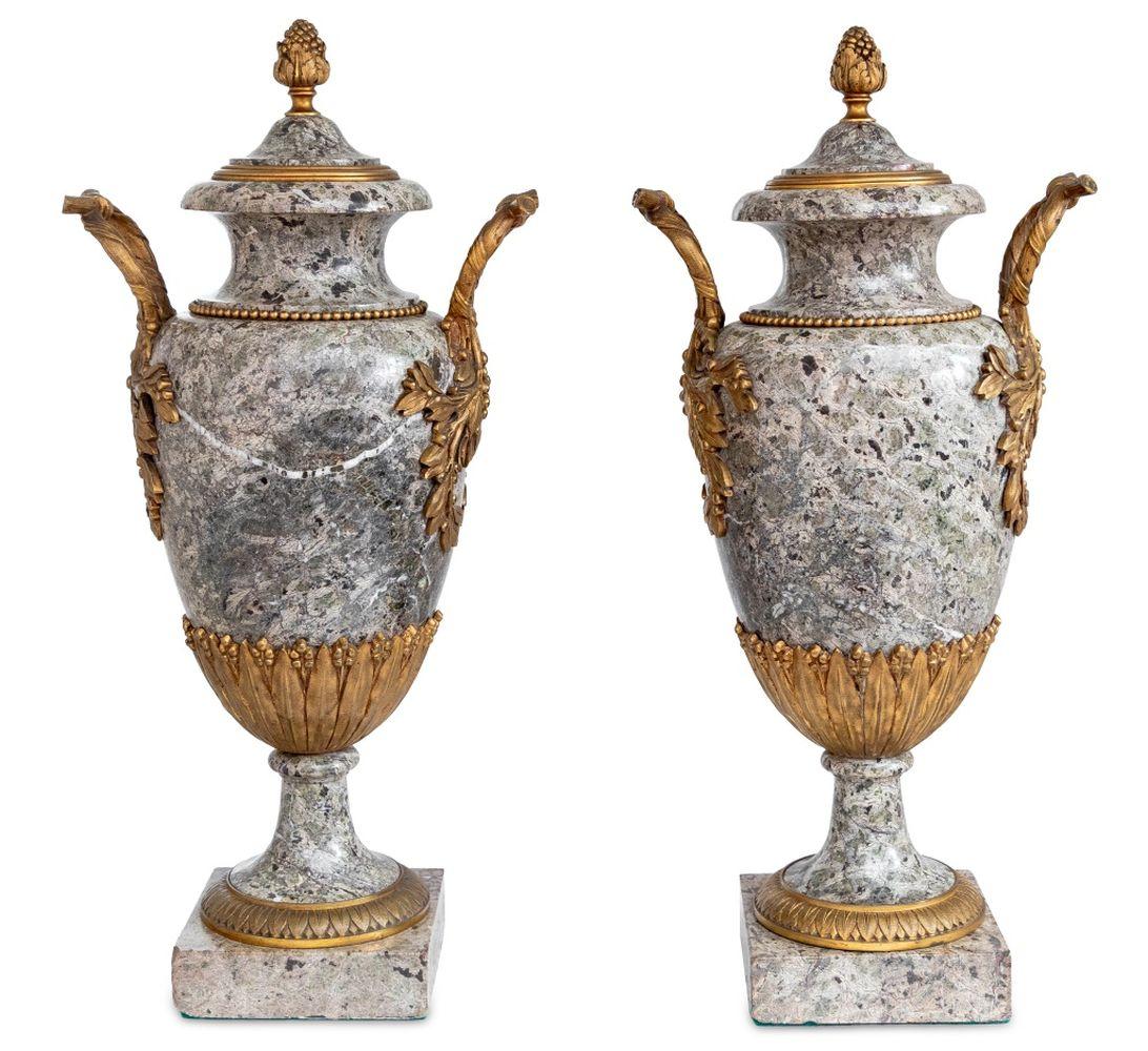 19th Century Louis XVI Style Gilt Bronze and Granite Urns, Pair For Sale