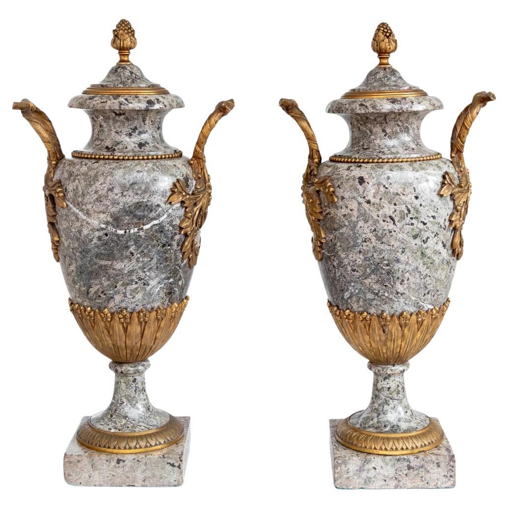 Louis XVI Style Gilt Bronze and Granite Urns, Pair For Sale