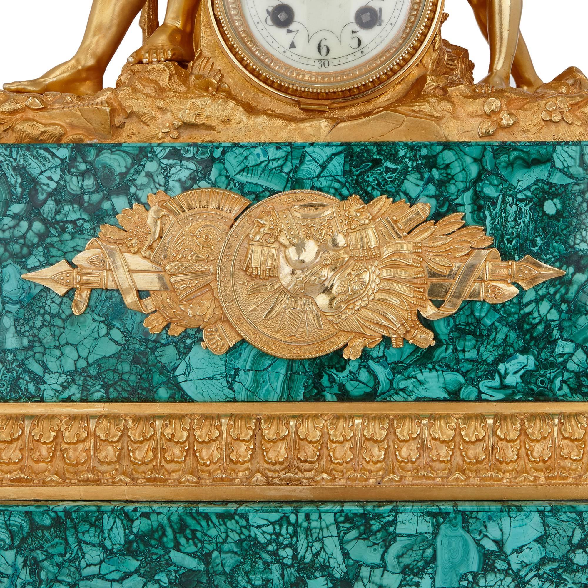 Louis XVI Style Gilt Bronze and Malachite Mantel Clock 1