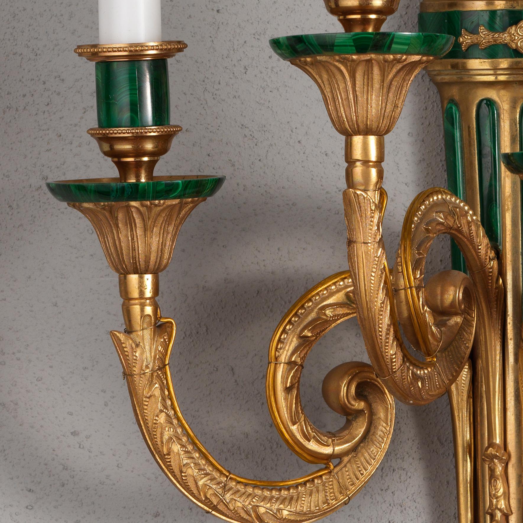 Italian Louis XVI Style Gilt Bronze and Malachite Wall Sconce by Gherardo Degli Albizzi