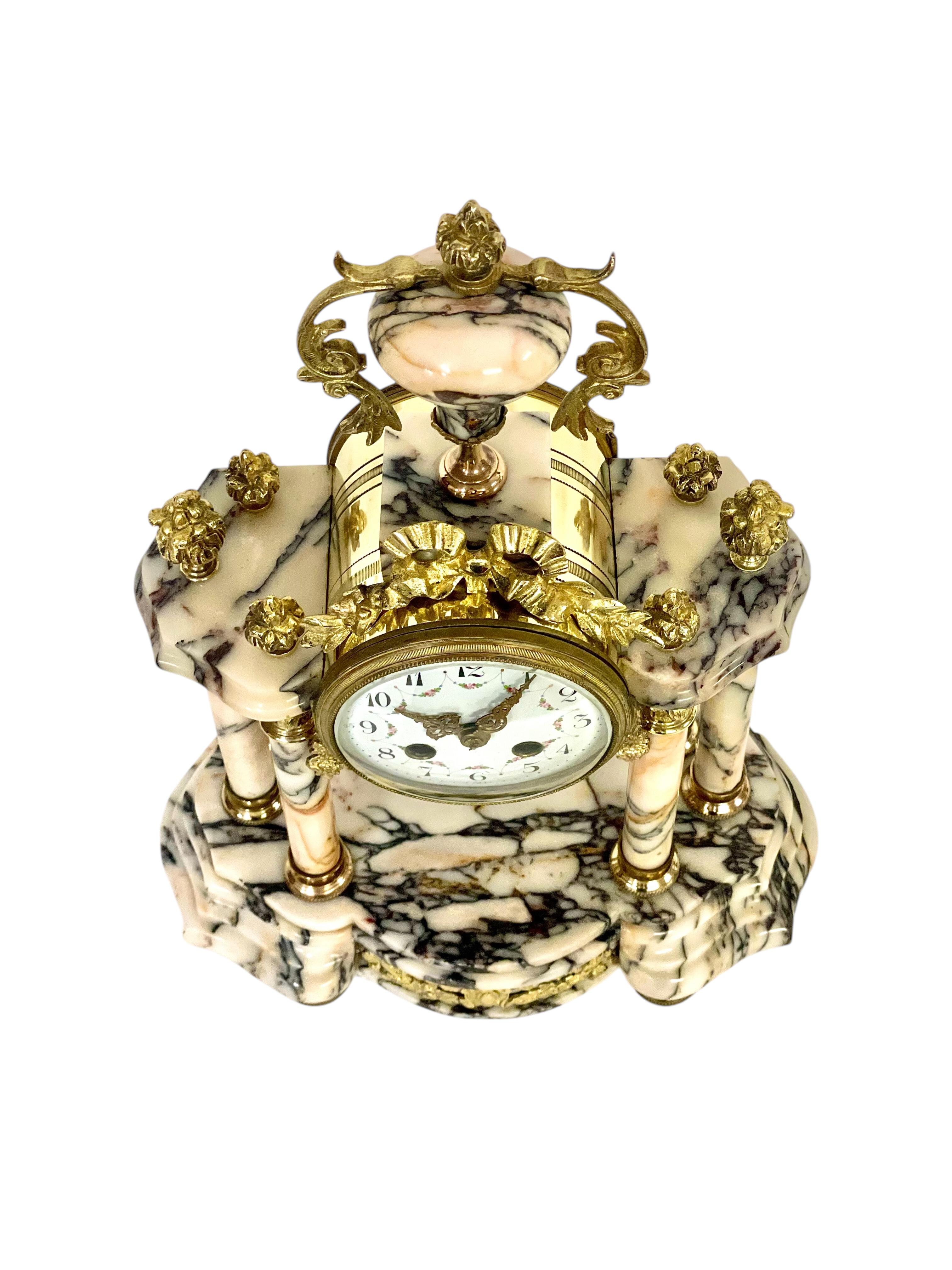 Brass Louis XVI Style Gilt Bronze and Marble Clock