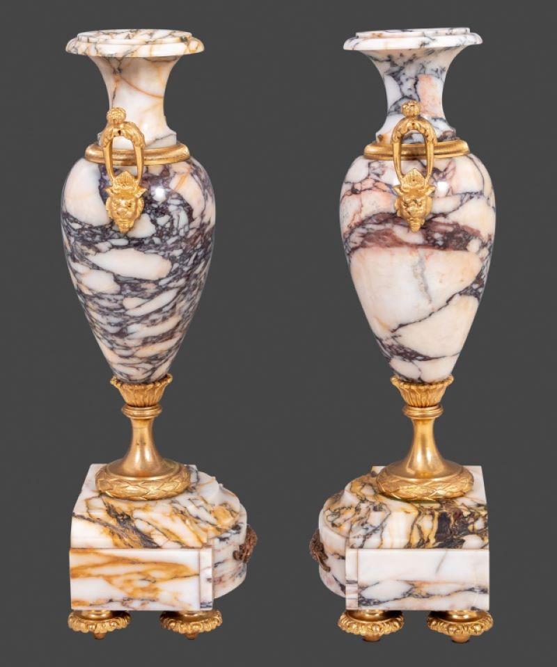 20th Century Louis XVI Style Gilt Bronze and Marble Clock Set For Sale