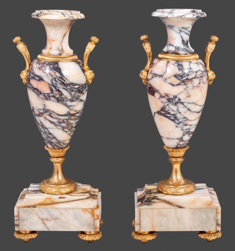 Metal Louis XVI Style Gilt Bronze and Marble Clock Set For Sale