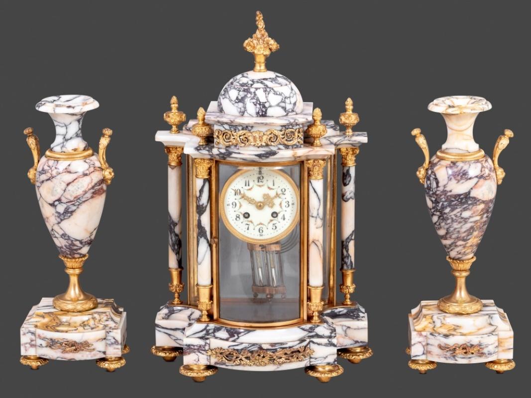 Louis XVI Style Gilt Bronze and Marble Clock Set For Sale 1