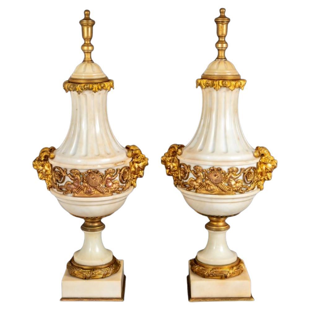 Louis XVI Style Gilt Bronze and Marble Urns, Pair
