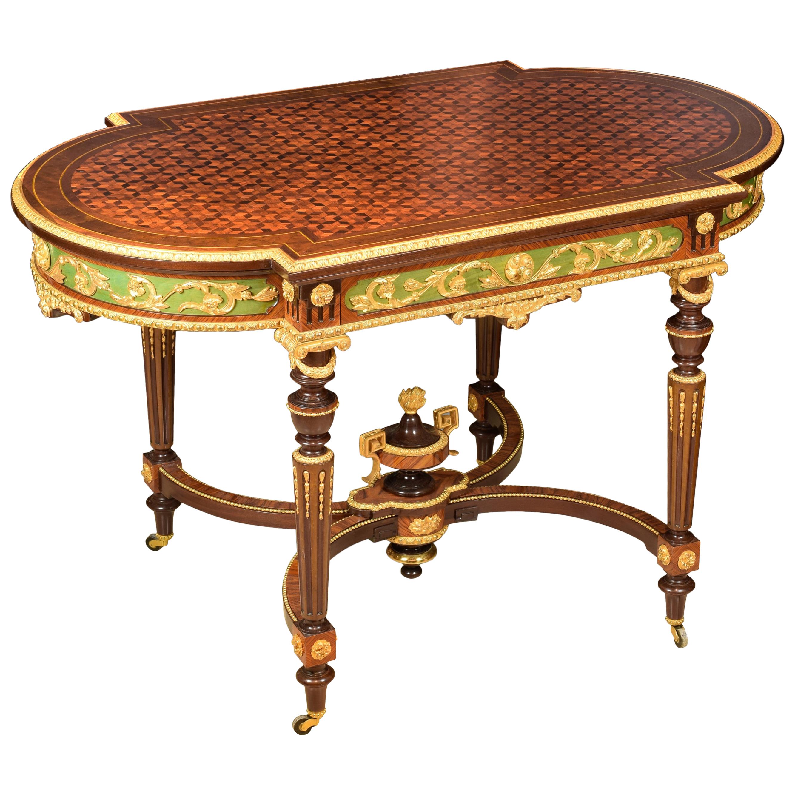 Louis XVI Style Gilt Bronze and Marquetry Centre Table, France, 19th Century For Sale