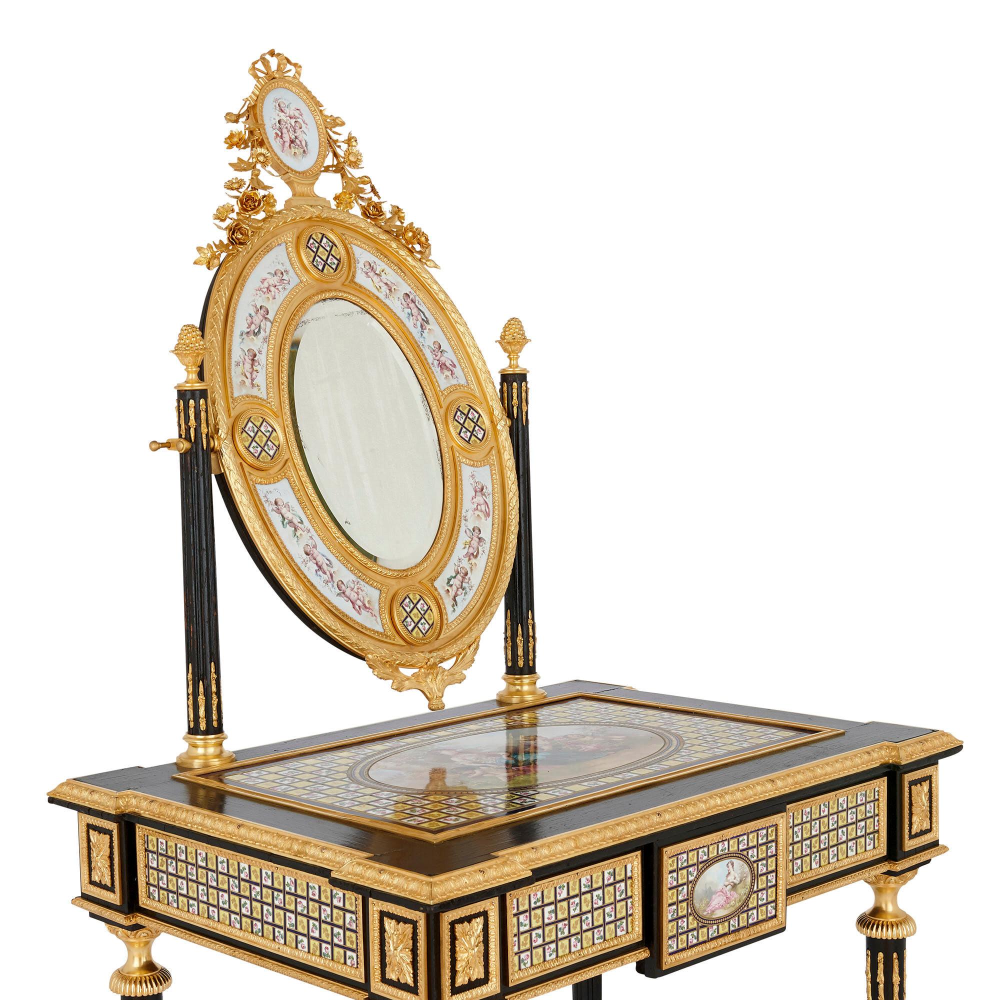French Louis XVI Style Gilt Bronze and Porcelain Dressing Table