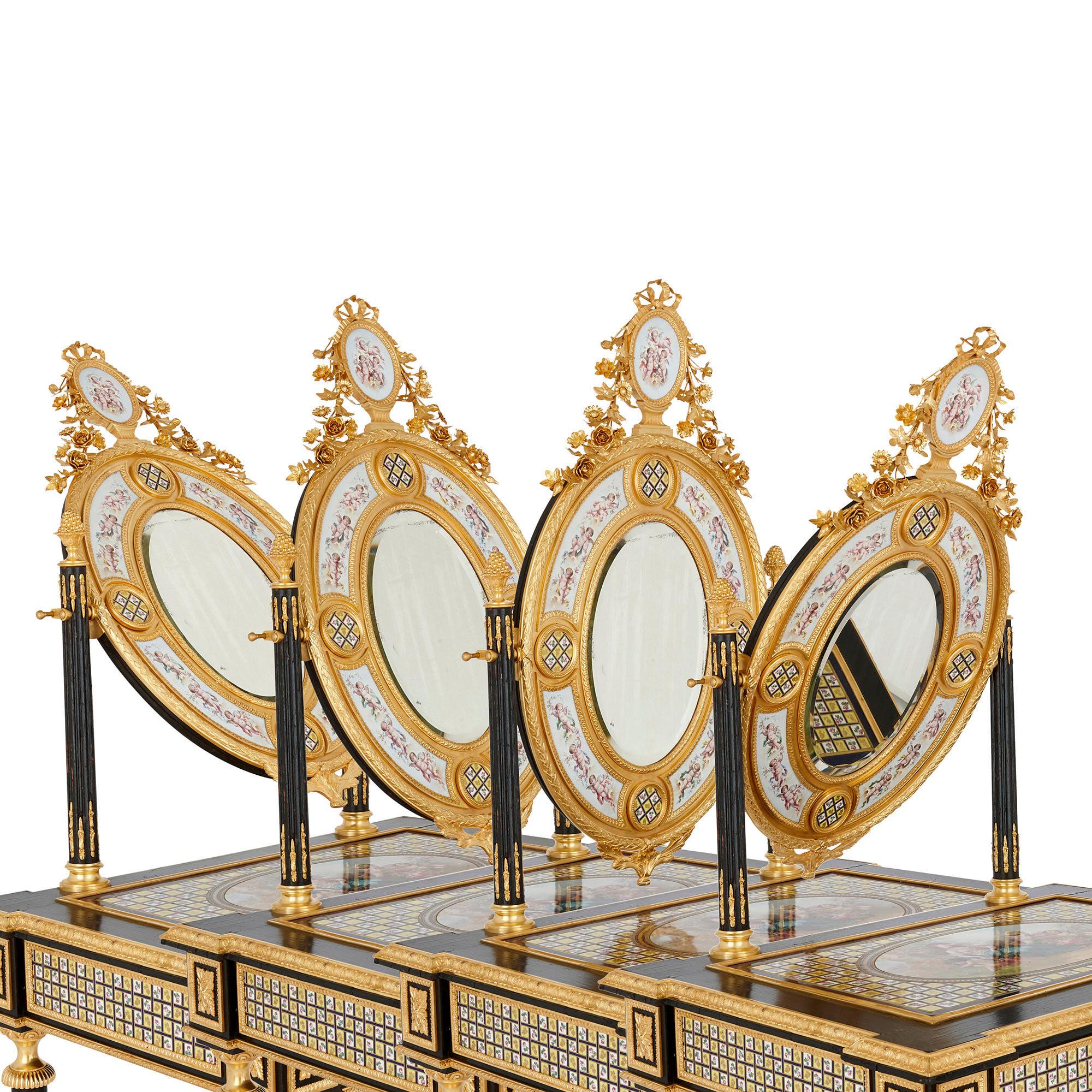 Ebonized Louis XVI Style Gilt Bronze and Porcelain Dressing Table