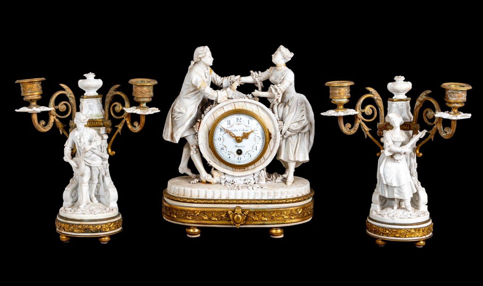 Louis XVI Style Gilt Bronze and Sevres Bisque Porcelain Clock Set, after models by Francois Boucher (French 1703-1770), the clock with a courting couple standing either side of a barrel, centered by an enameled dial, signed 