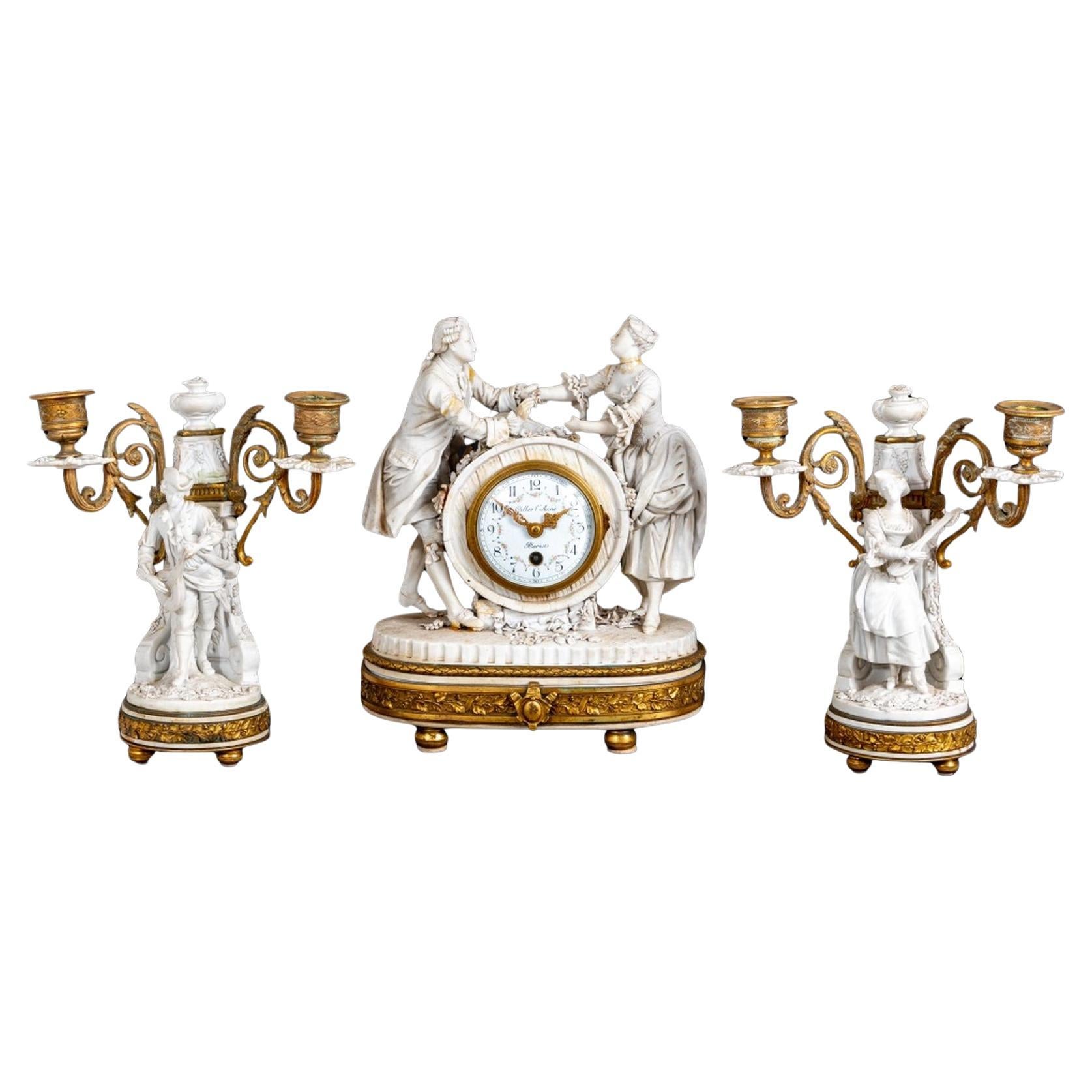 Louis XVI Style Gilt Bronze and Sevres Clock Set For Sale