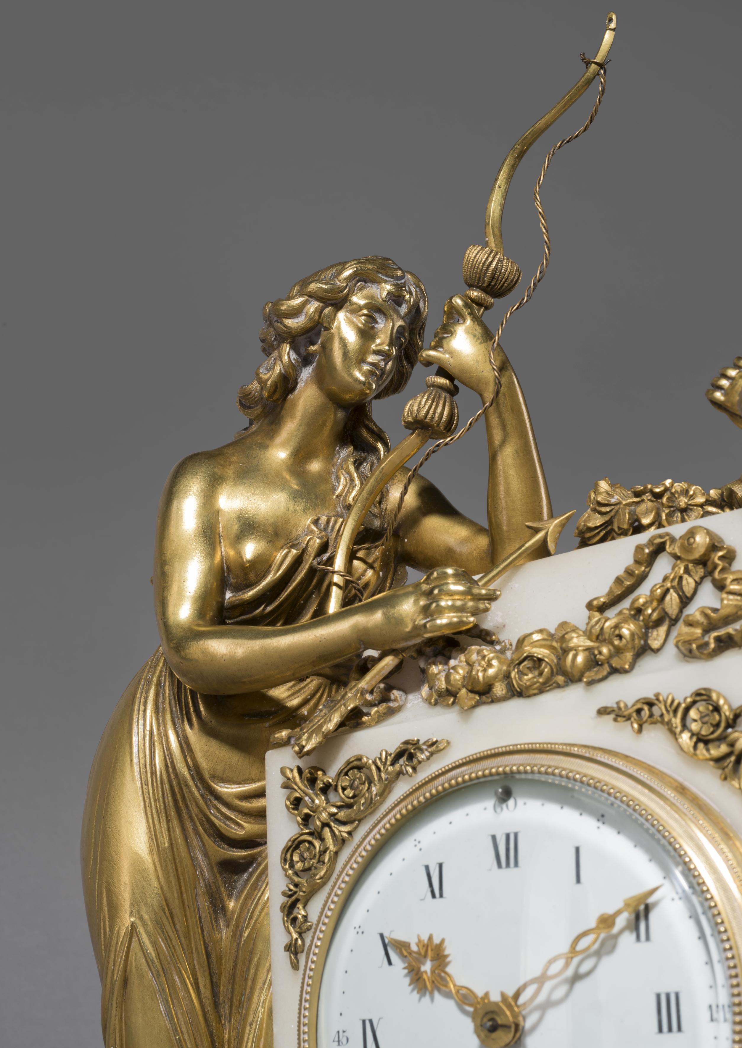 Uhr aus vergoldeter Bronze und weißem Marmor im Louis-XVI-Stil von Franois Linke, um 1890 (Französisch) im Angebot