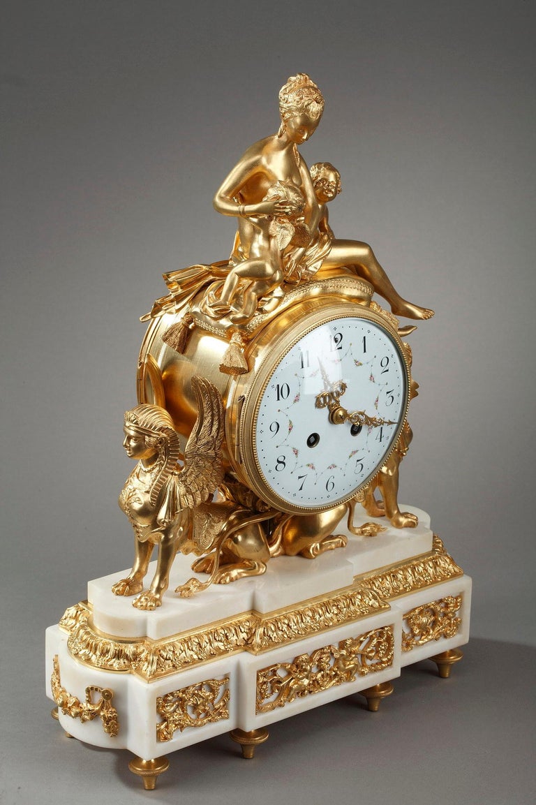 French Louis XVI Style Gilt Bronze and White Marble Clock For Sale