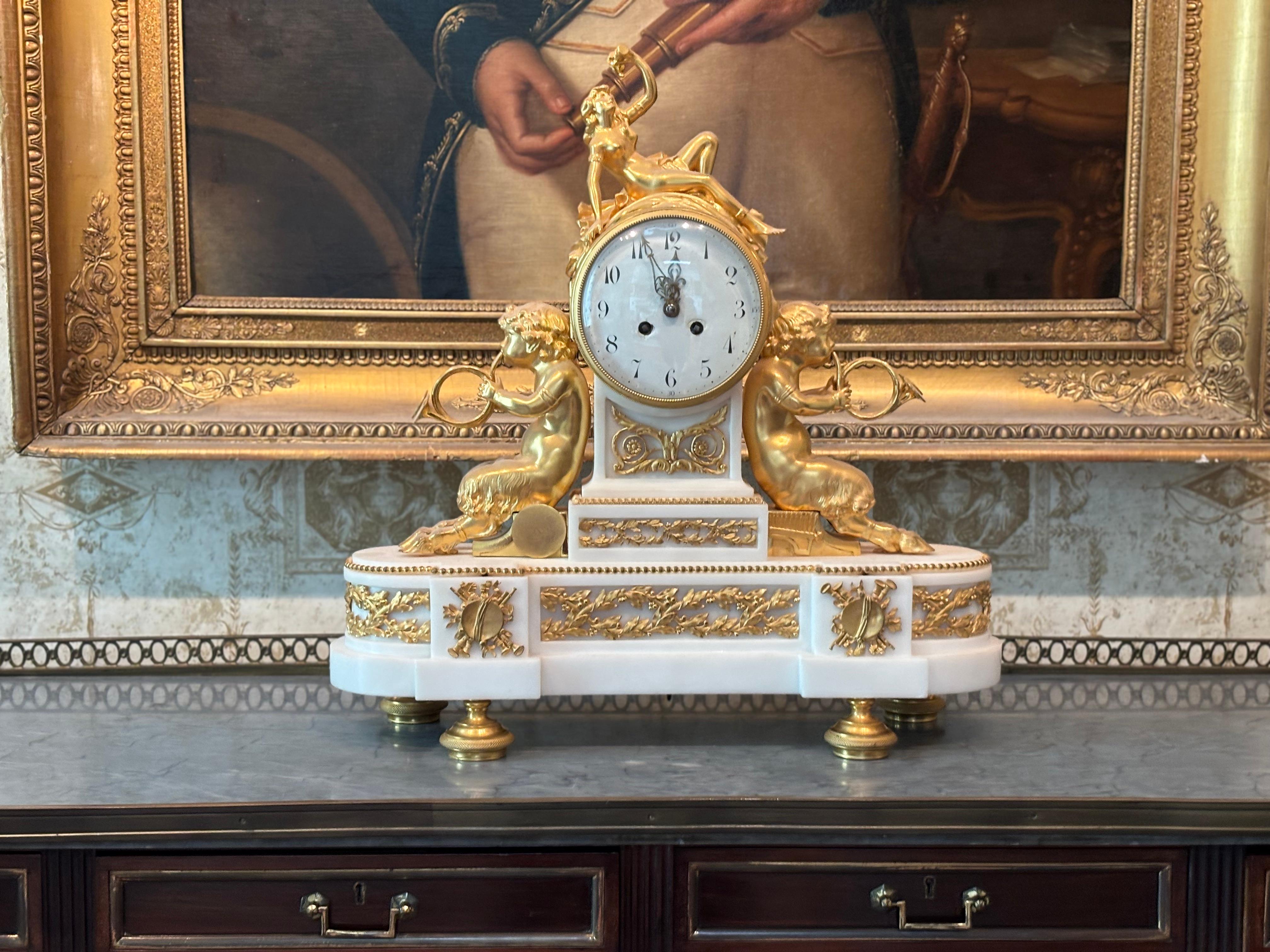 Louis XVI Style Gilt Bronze and White Marble Clock with Bacchante and Satyrs For Sale 4