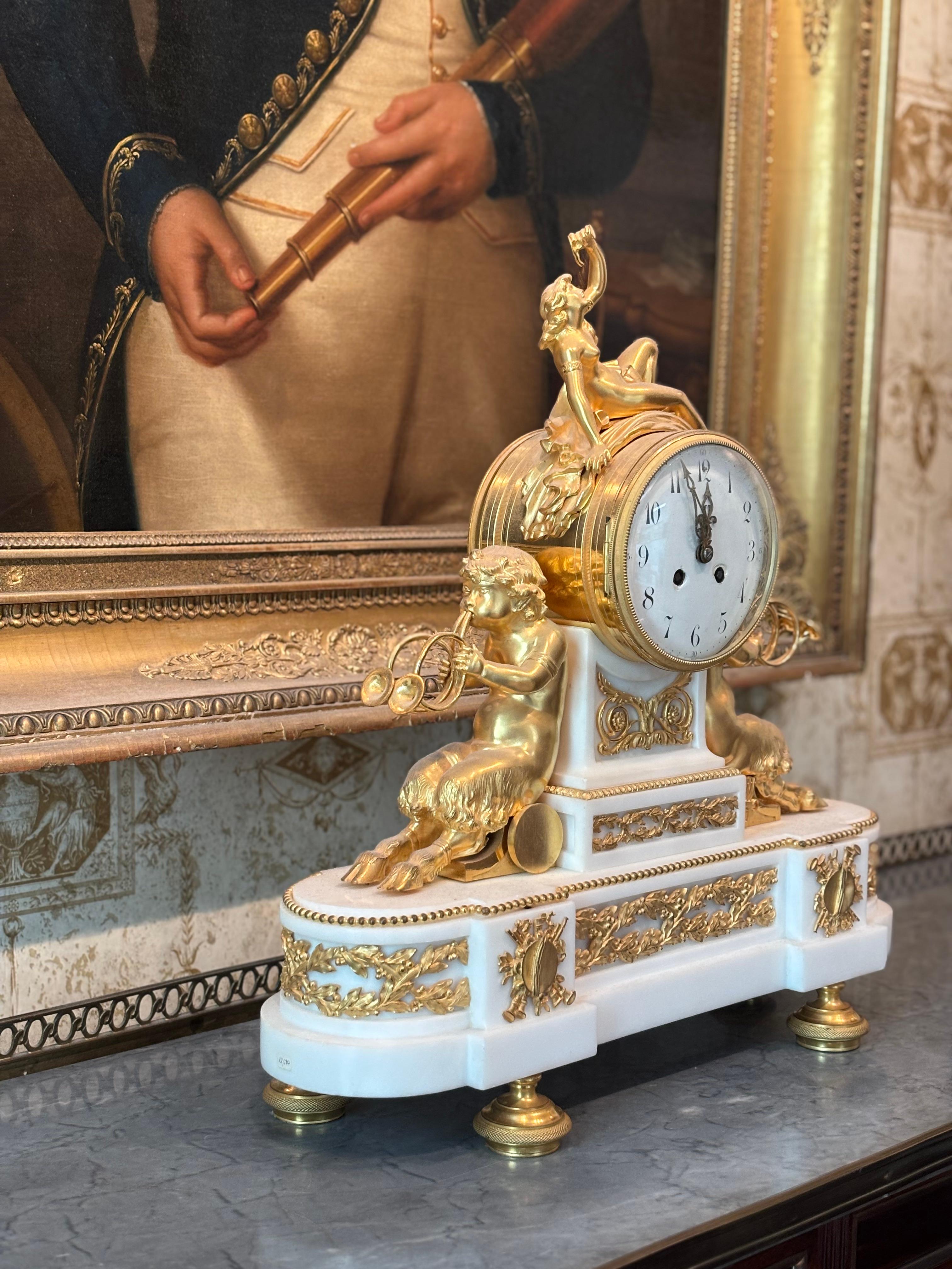 Louis XVI Style Gilt Bronze and White Marble Clock with Bacchante and Satyrs For Sale 6