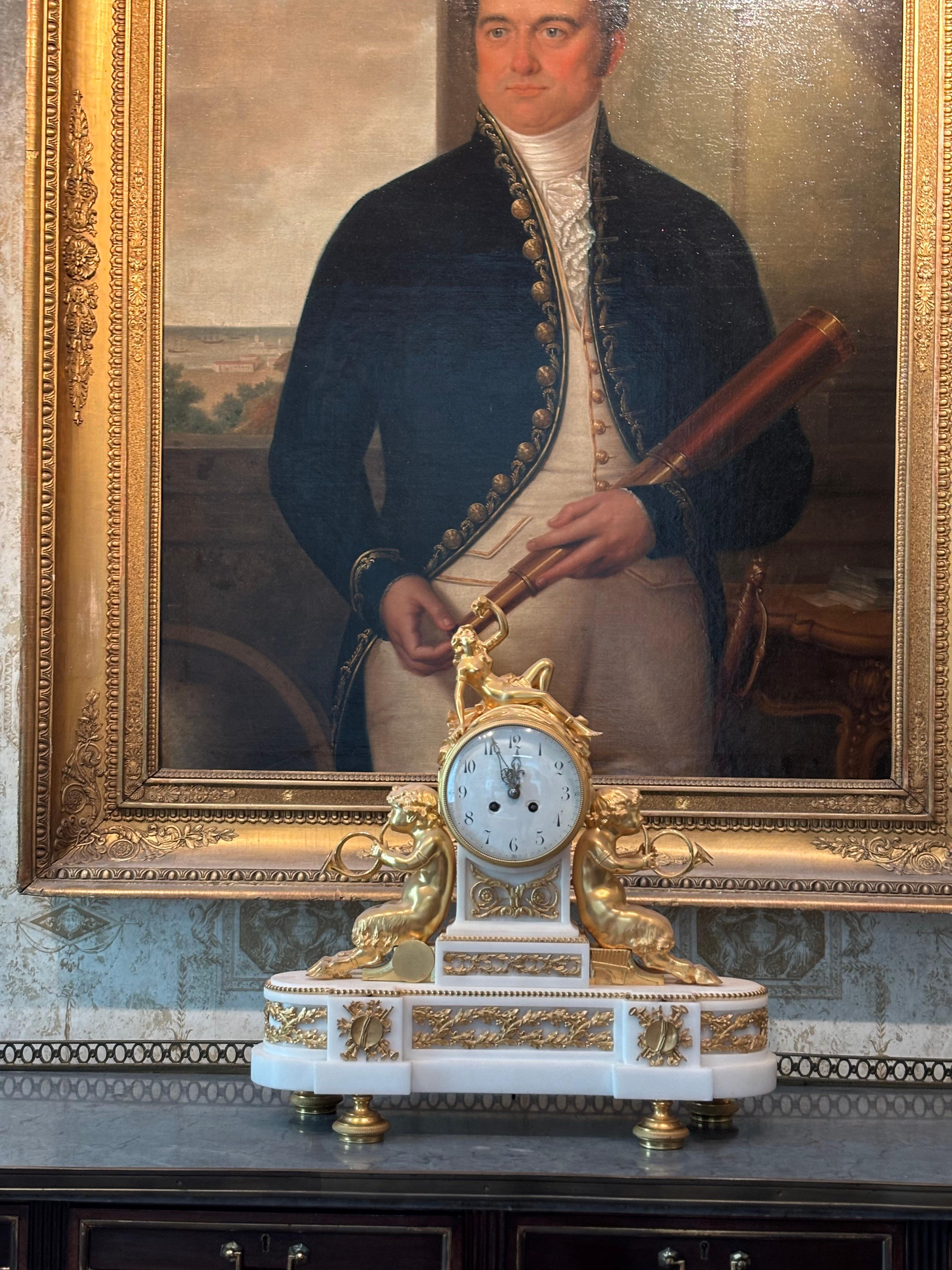 Louis XVI Style Gilt Bronze and White Marble Clock with Bacchante and Satyrs For Sale 8