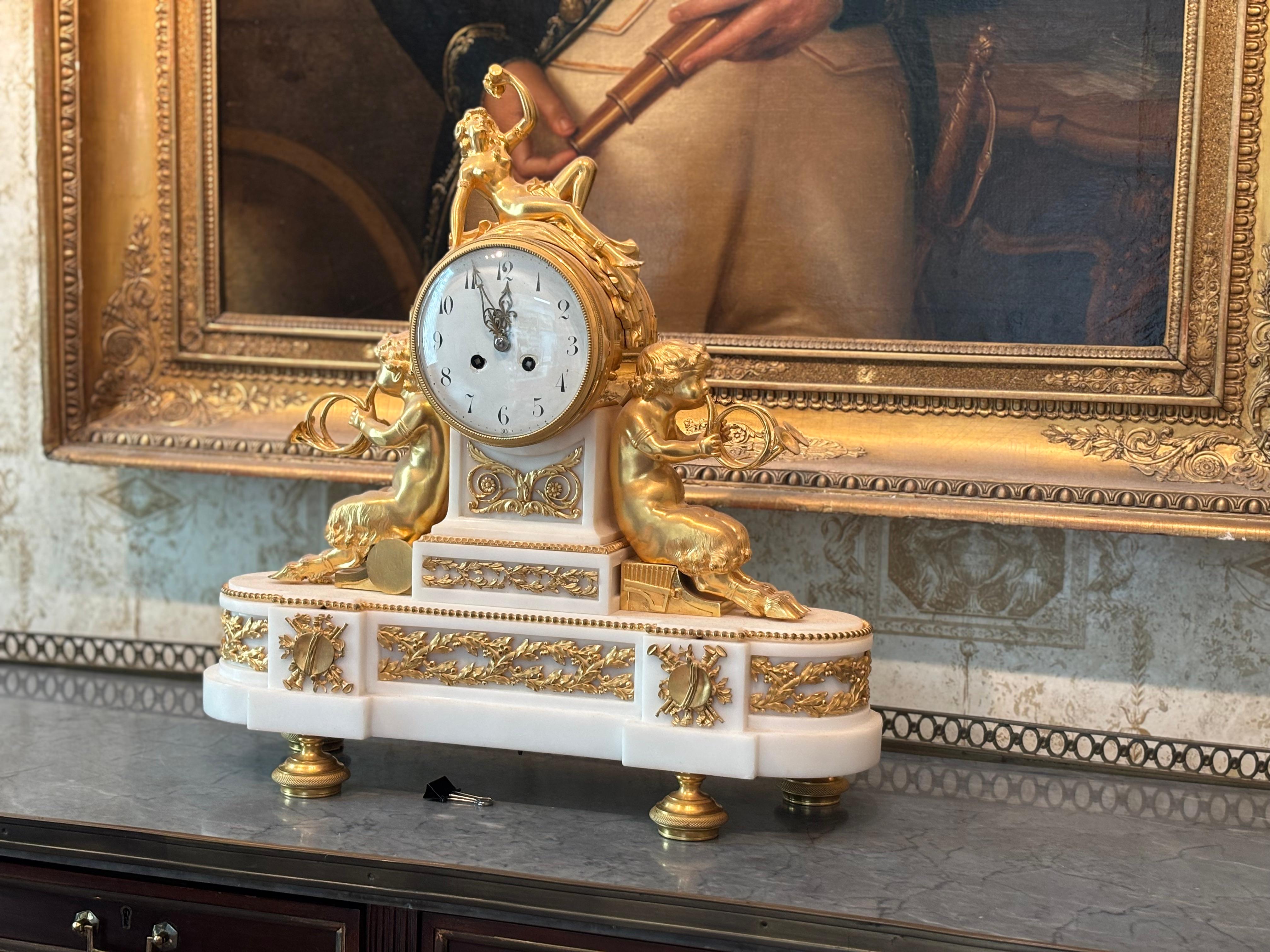 Louis XVI Style Gilt Bronze and White Marble Clock with Bacchante and Satyrs For Sale 10