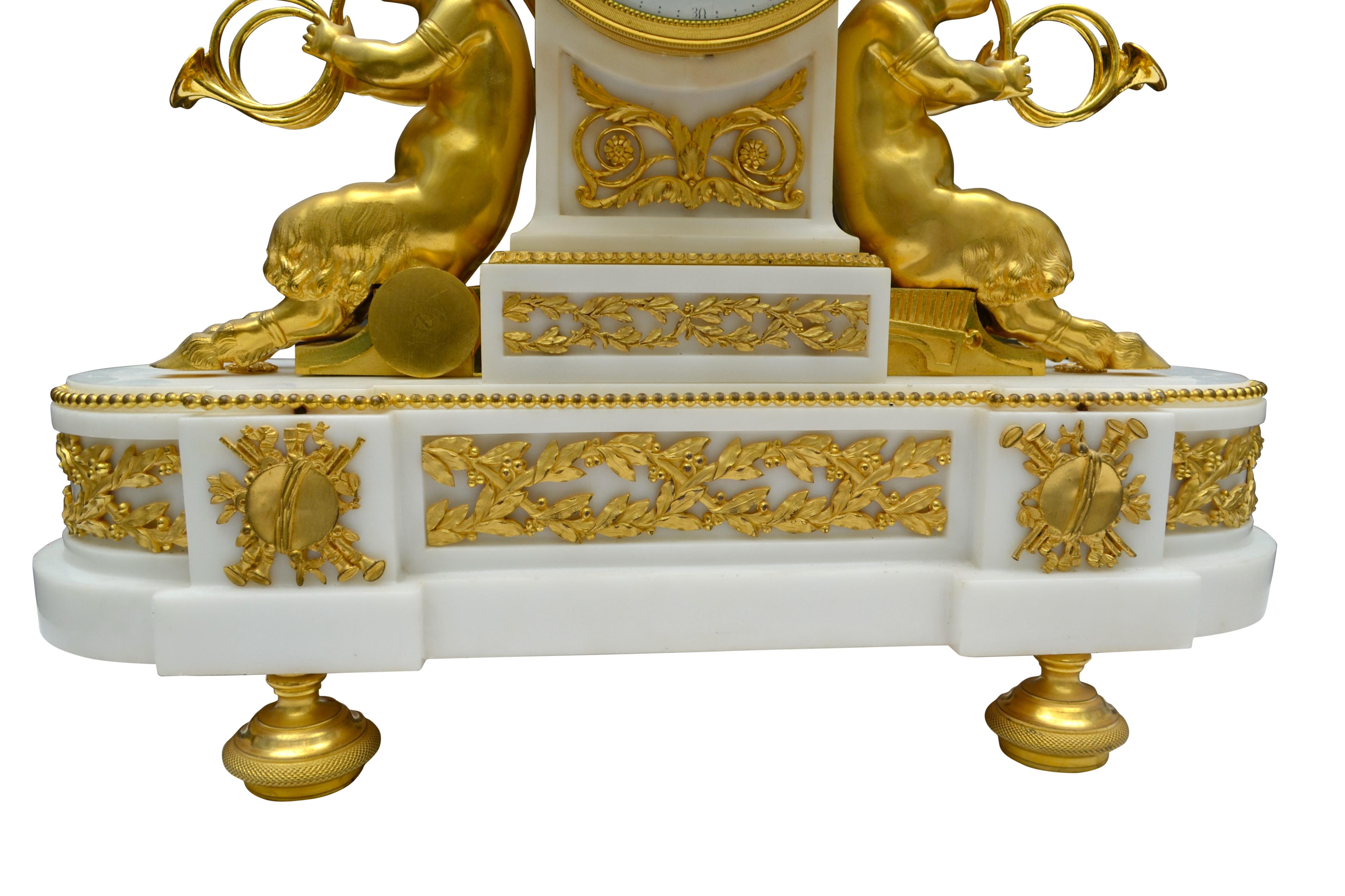 Hand-Carved Louis XVI Style Gilt Bronze and White Marble Clock with Bacchante and Satyrs For Sale