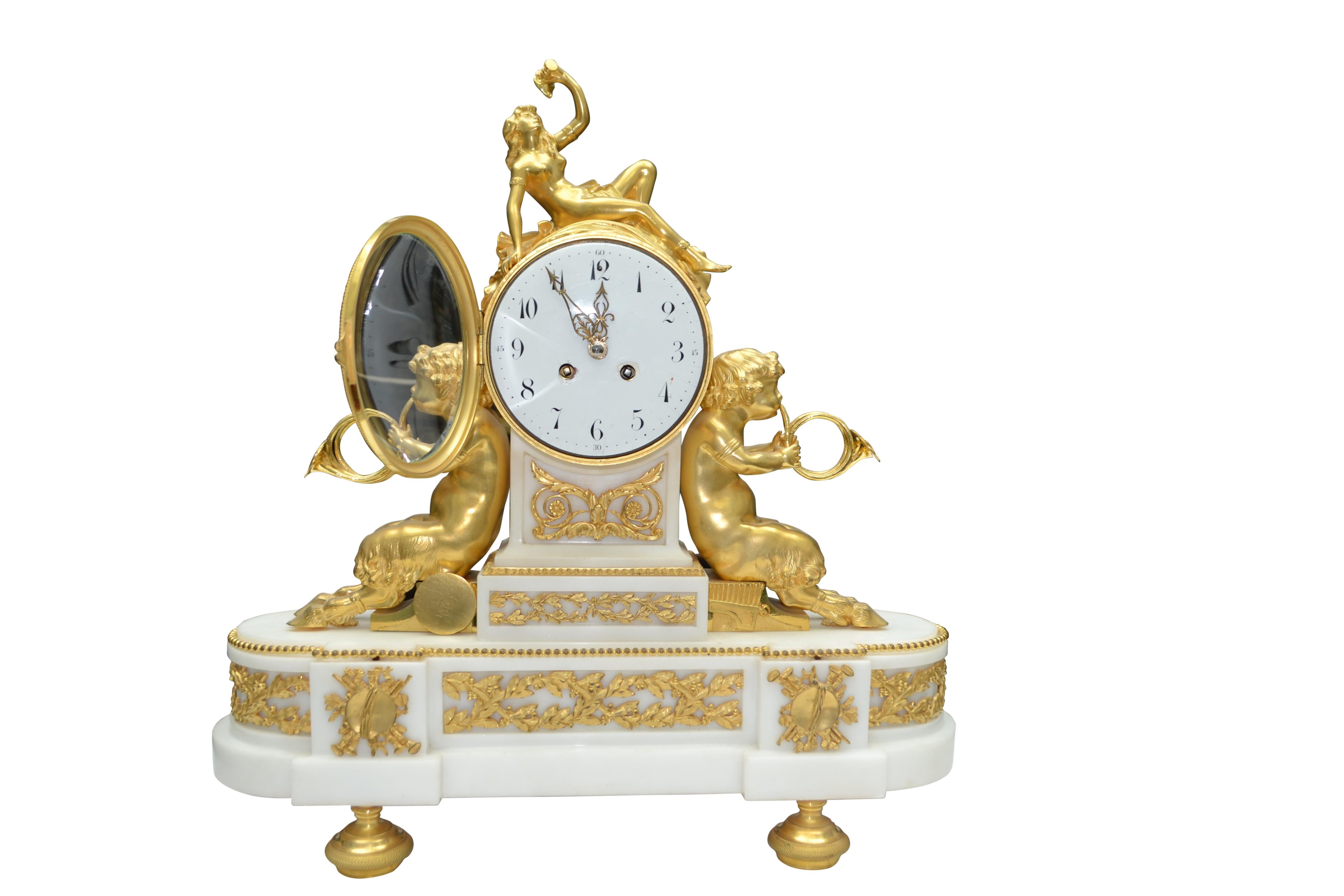 Louis XVI Style Gilt Bronze and White Marble Clock with Bacchante and Satyrs In Good Condition For Sale In Vancouver, British Columbia