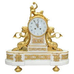 Louis XVI Style Gilt Bronze and White Marble Clock with Bacchante and Satyrs