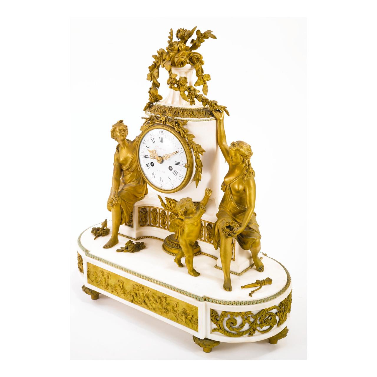 An exquisite Louis XVI style gilt bronze and white marble mantel clock with enamel dial by Eugène Hazart
inscribed Briant / A PARIS in enamel dial; Etiènne Maxant seal, numbered 15614; engraved Eug. Hazart, Paris

Maker: Eugène Hazart