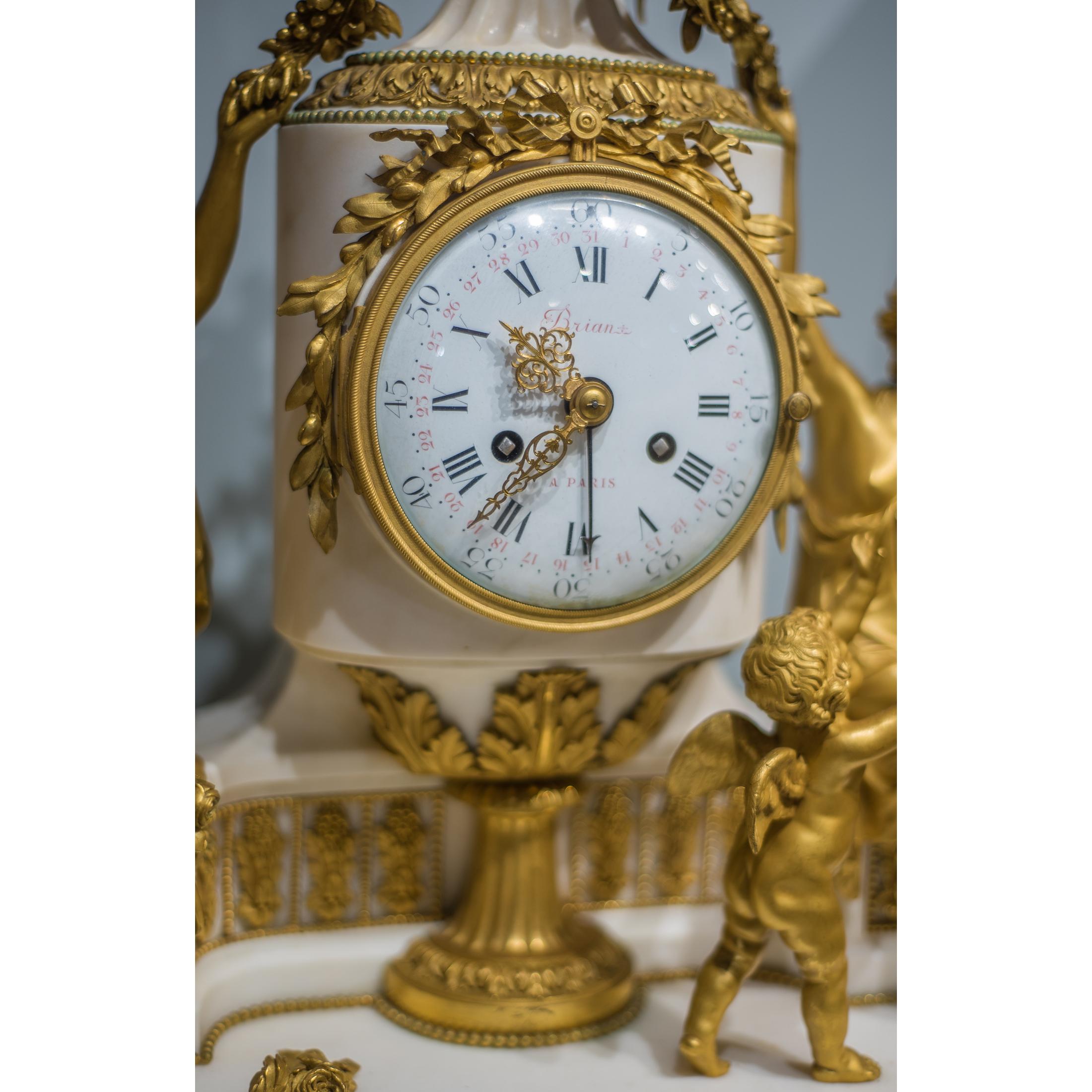 French Louis XVI Style Gilt Bronze and White Marble Mantel Clock with Enamel Dial