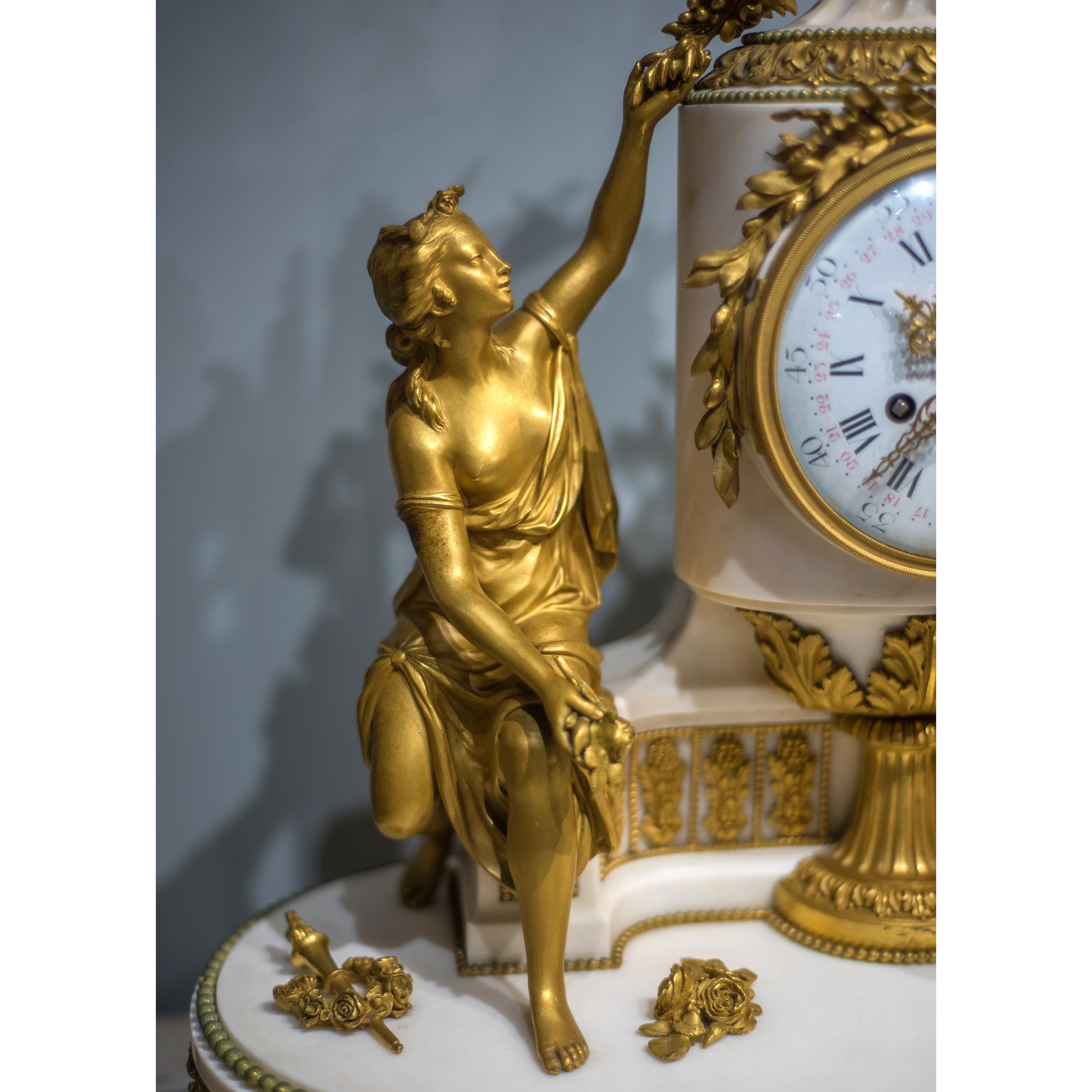 19th Century Louis XVI Style Gilt Bronze and White Marble Mantel Clock with Enamel Dial