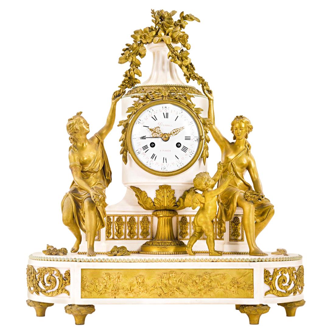 Louis XVI Style Gilt Bronze and White Marble Mantel Clock with Enamel Dial