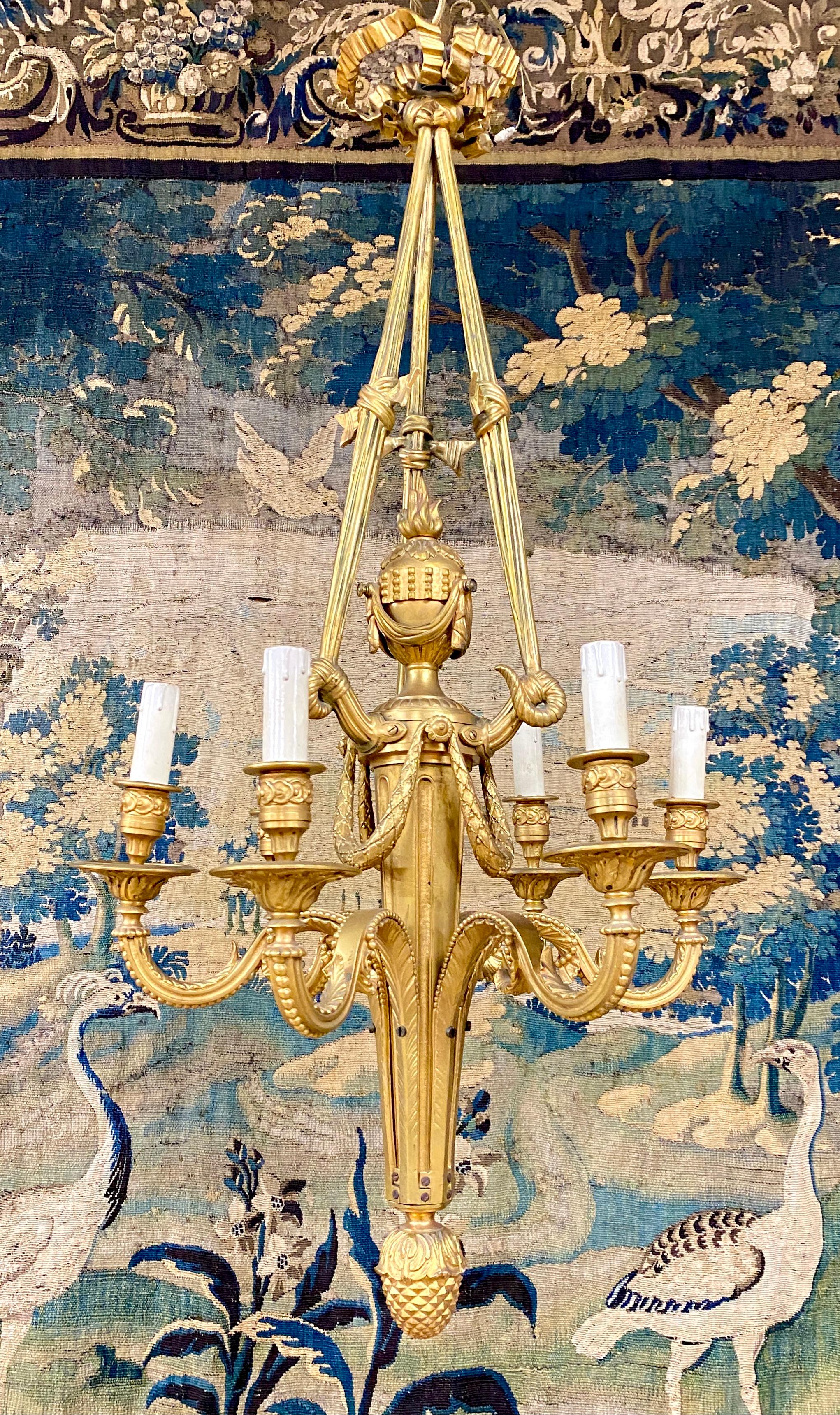 Napoleon III Louis XVI Style Gilt Bronze Chandelier With Six Arms Of Light. Period Late 19th 